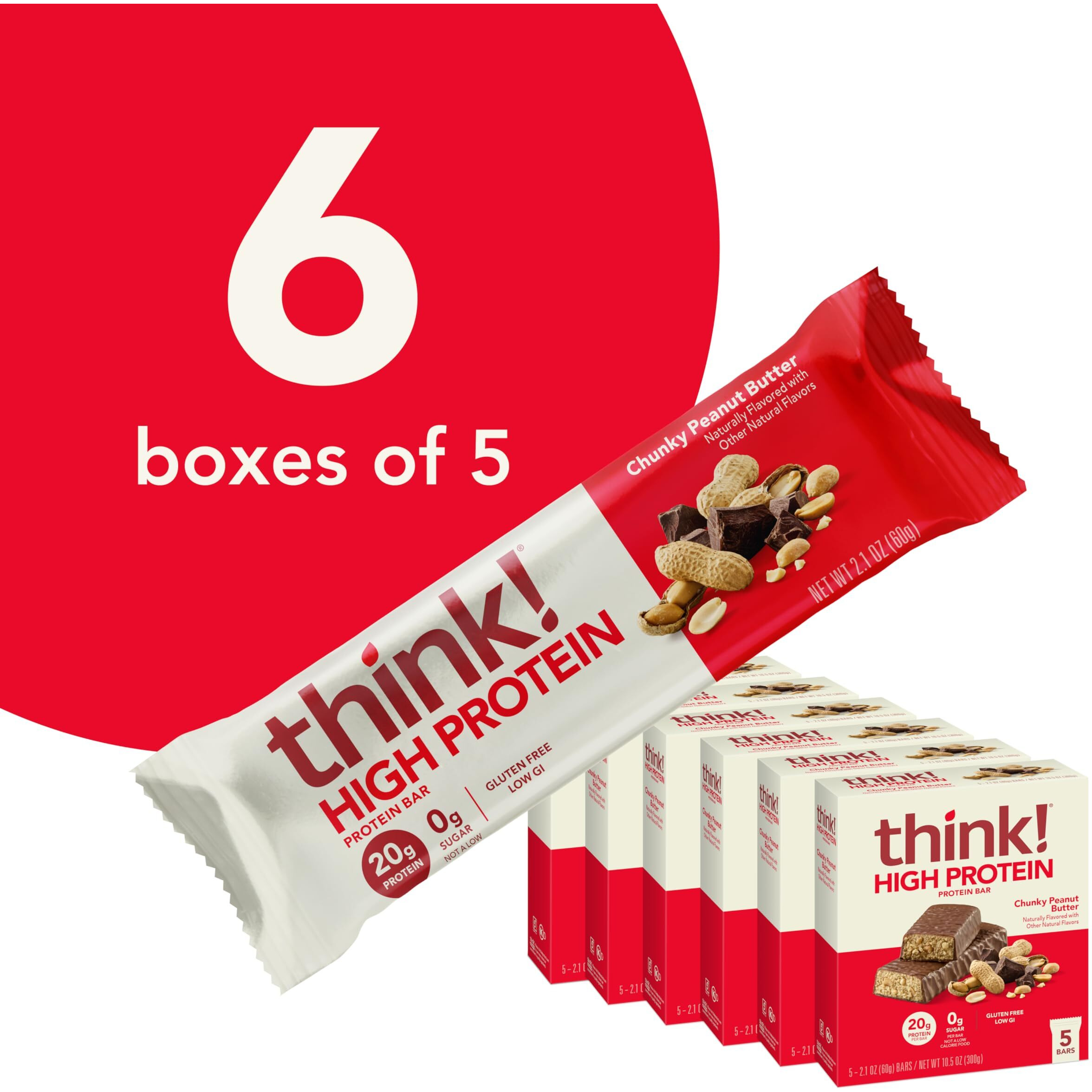 Think Protein Bars, High Protein Snacks, Gluten Free, Kosher Friendly, Chunky Peanut Butter, Nutrition Bars, 2.1 Oz Per Bar, 30 Count (Packaging May Vary)