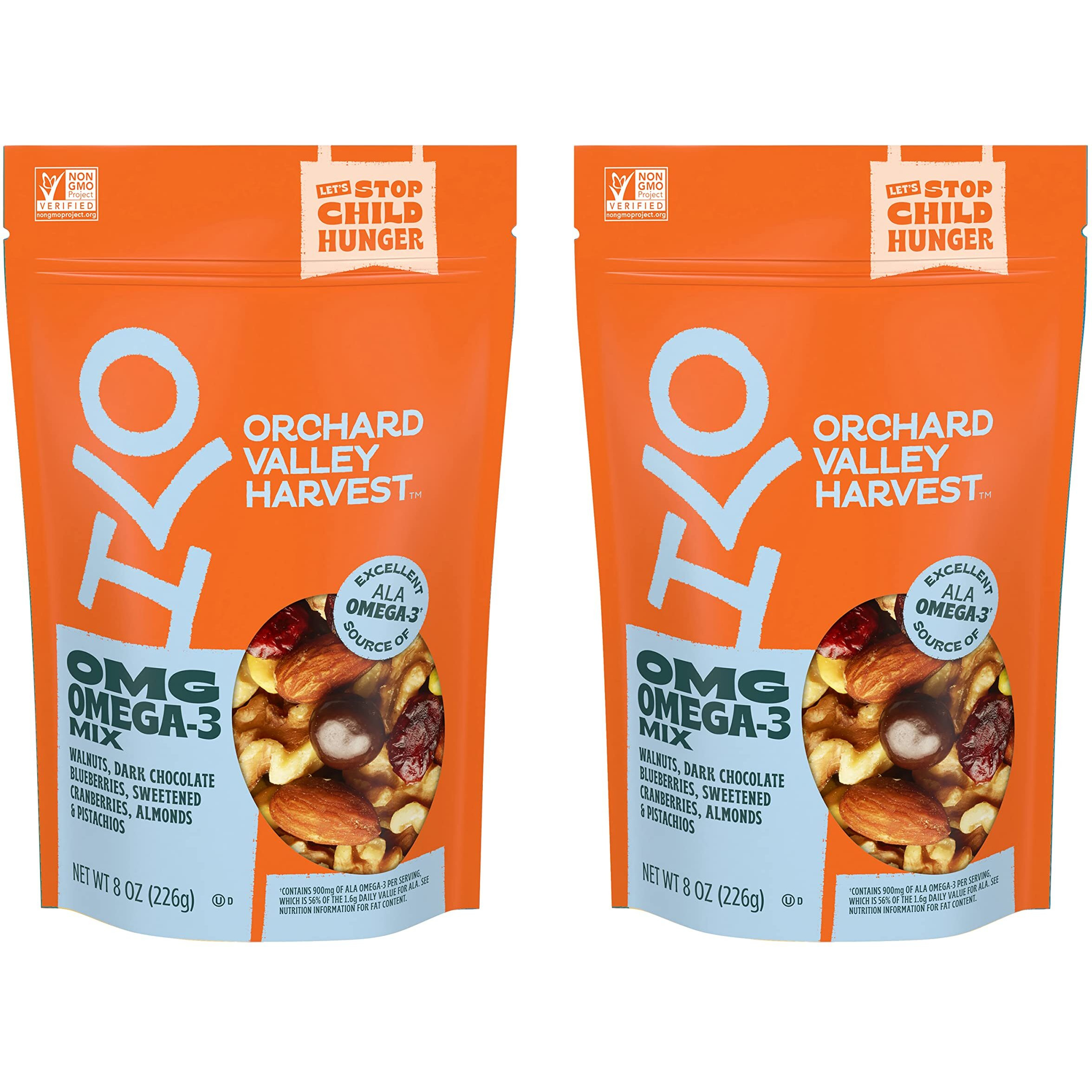Orchard Valley Harvest Omg Omega-3 Mix, 8 Oz (Pack Of 2), Walnuts, Dark Chocolate Blueberries, Sweetened Cranberries, Almonds, Pistachios, Gluten Free, Resealable Bag, Non-Gmo, On-The-Go Snack