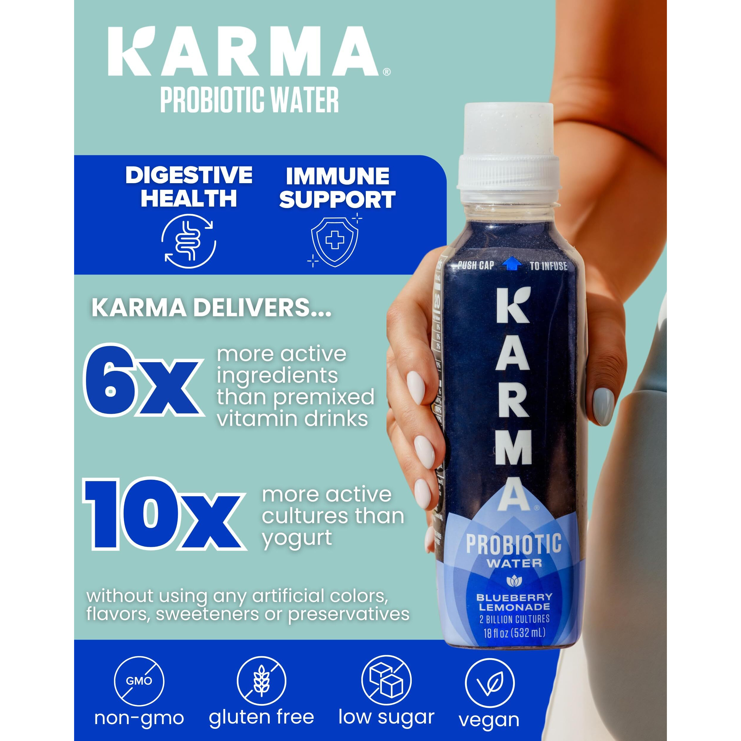 Karma Wellness Flavored Probiotic Water, Watermelon Wild Berry, Immunity And Digestive Health Support, Low Calorie, 2 Billion Active Cultures, 18 Fluid Ounce (Pack Of 12)