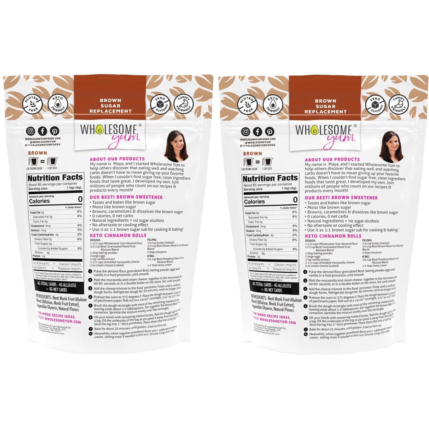 Wholesome Yum Besti Natural Brown Sugar Substitute - Keto Brown Monk Fruit Sweetener Blend With Allulose (No Erythritol) - Non Gmo, Zero Carb, Zero Calorie, Sugar Free, No Aftertaste (12 Oz, 2 Pack)