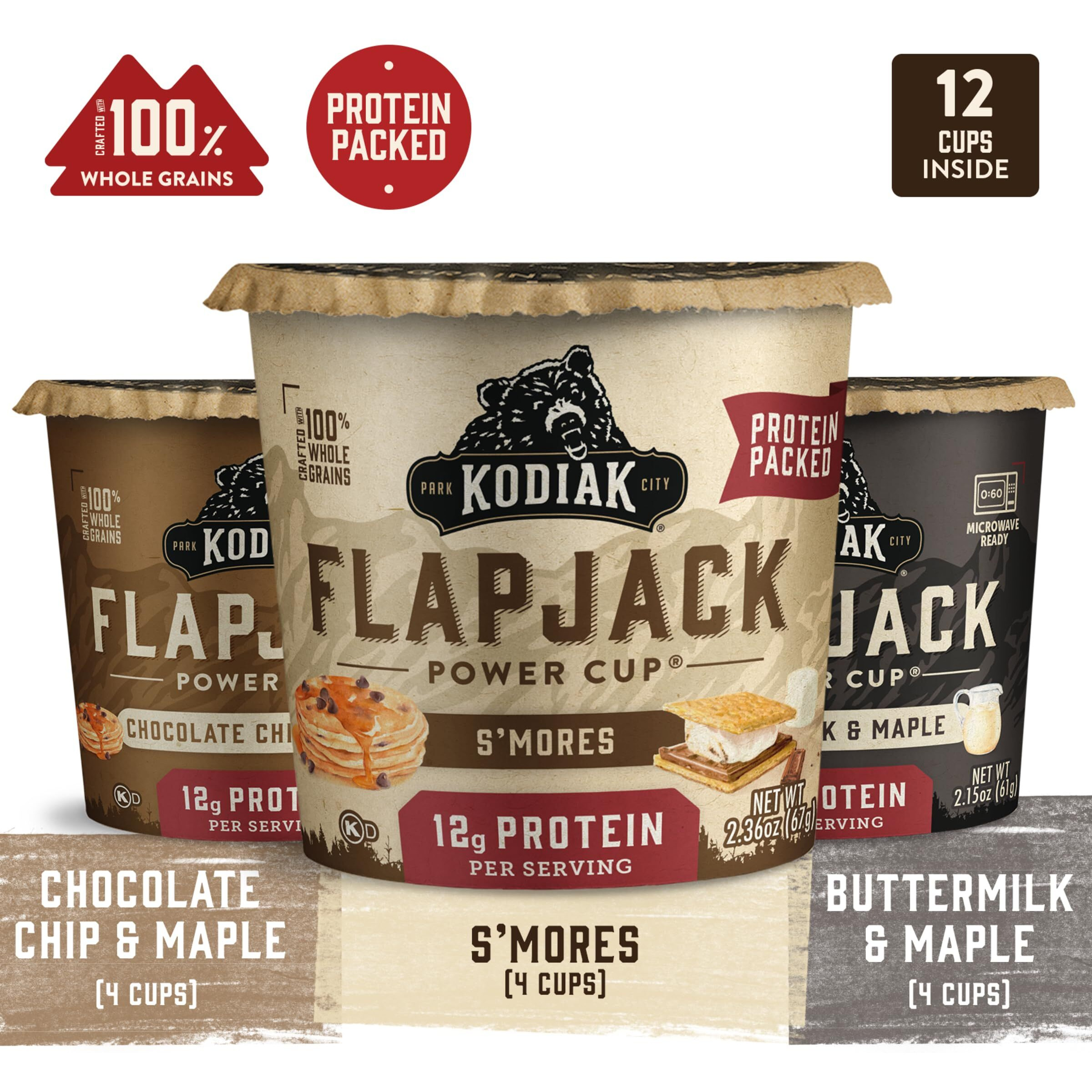 Kodiak Cakes Protein Pancake On The Go Flapjack Cups Mix Buttermilk, Chocolate Chip, & Smores Variety Pack