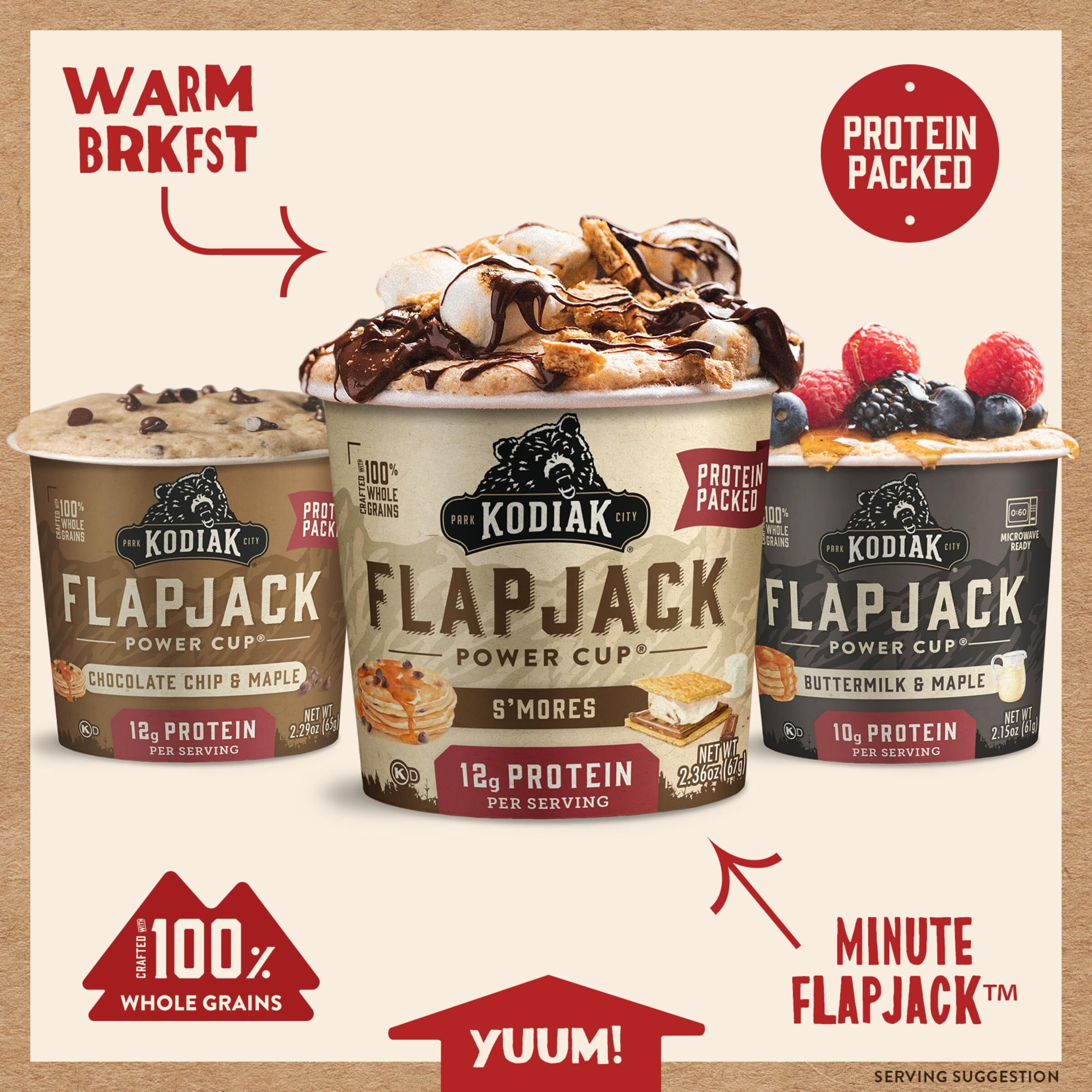 Kodiak Cakes Protein Pancake On The Go Flapjack Cups Mix Buttermilk, Chocolate Chip, & Smores Variety Pack