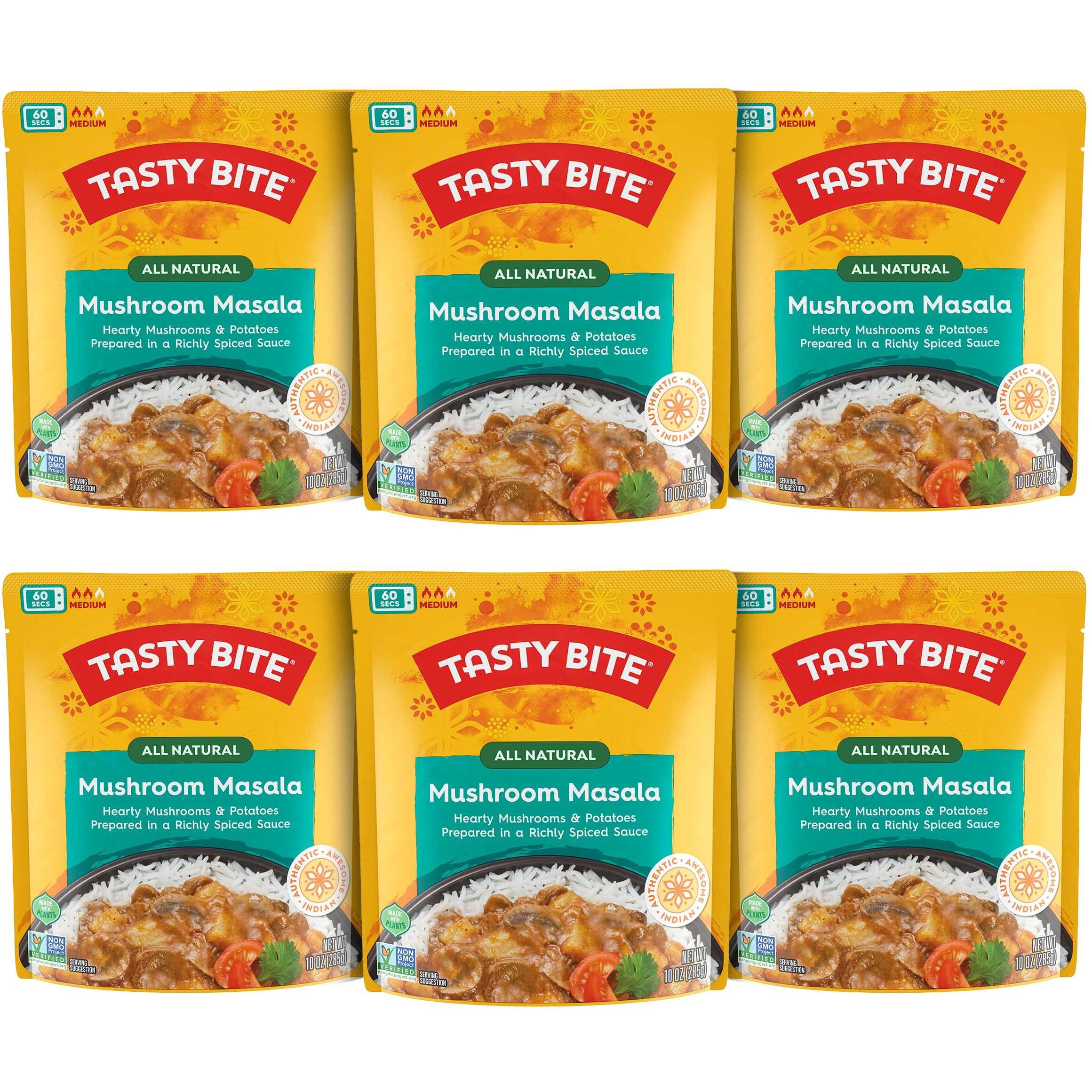 Tasty Bite Mushroom Masala, 10 Ounce, Pack Of 6, Ready To Eat, Microwavable Entree, Vegan With Mushrooms & Potatoes