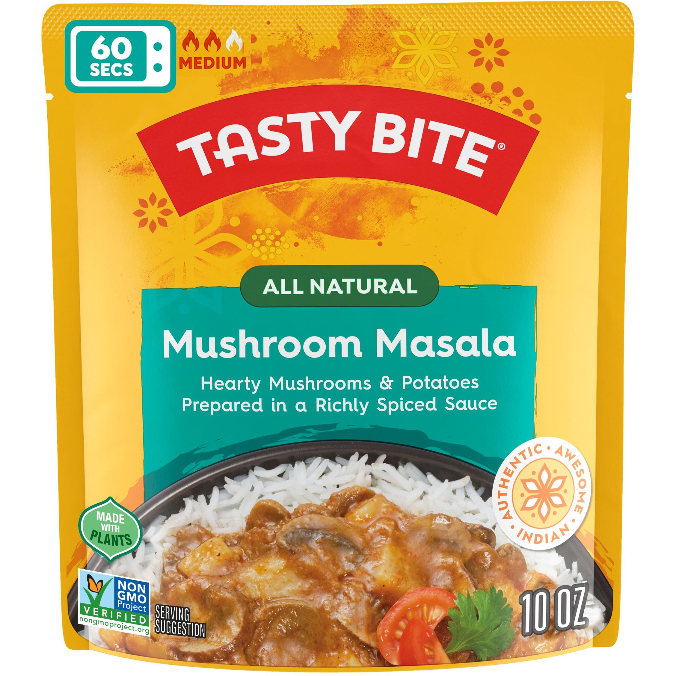 Tasty Bite Mushroom Masala, 10 Ounce, Pack Of 6, Ready To Eat, Microwavable Entree, Vegan With Mushrooms & Potatoes