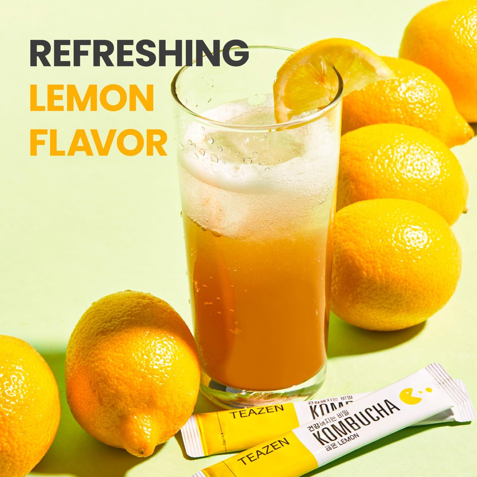 Teazen Lemon Kombucha Tea, Hydration Drink Mix, Sugar Free, Live Probiotics & Prebiotics, 10 Sticks, 1.76Oz