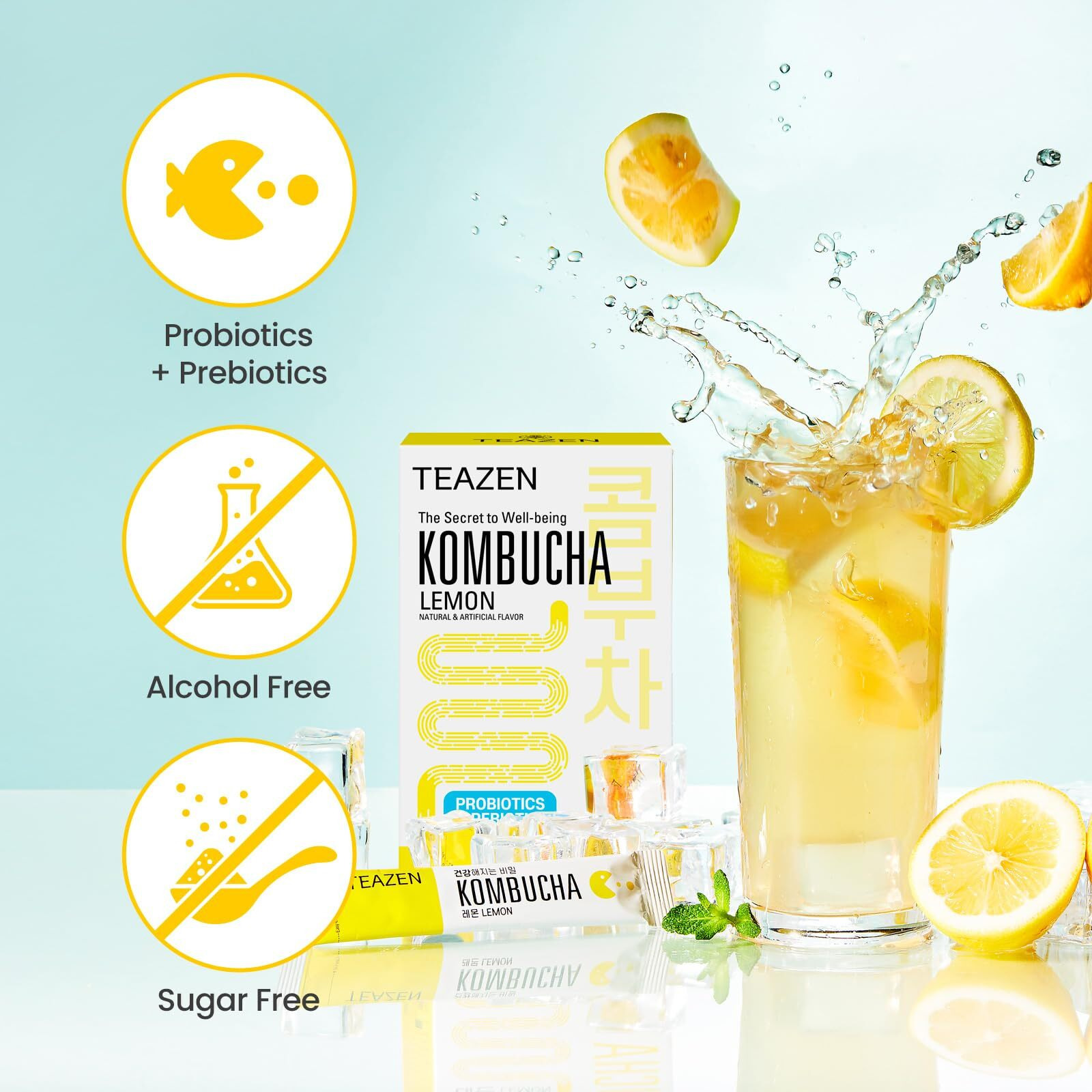 Teazen Lemon Kombucha Tea, Hydration Drink Mix, Sugar Free, Live Probiotics & Prebiotics, 10 Sticks, 1.76Oz