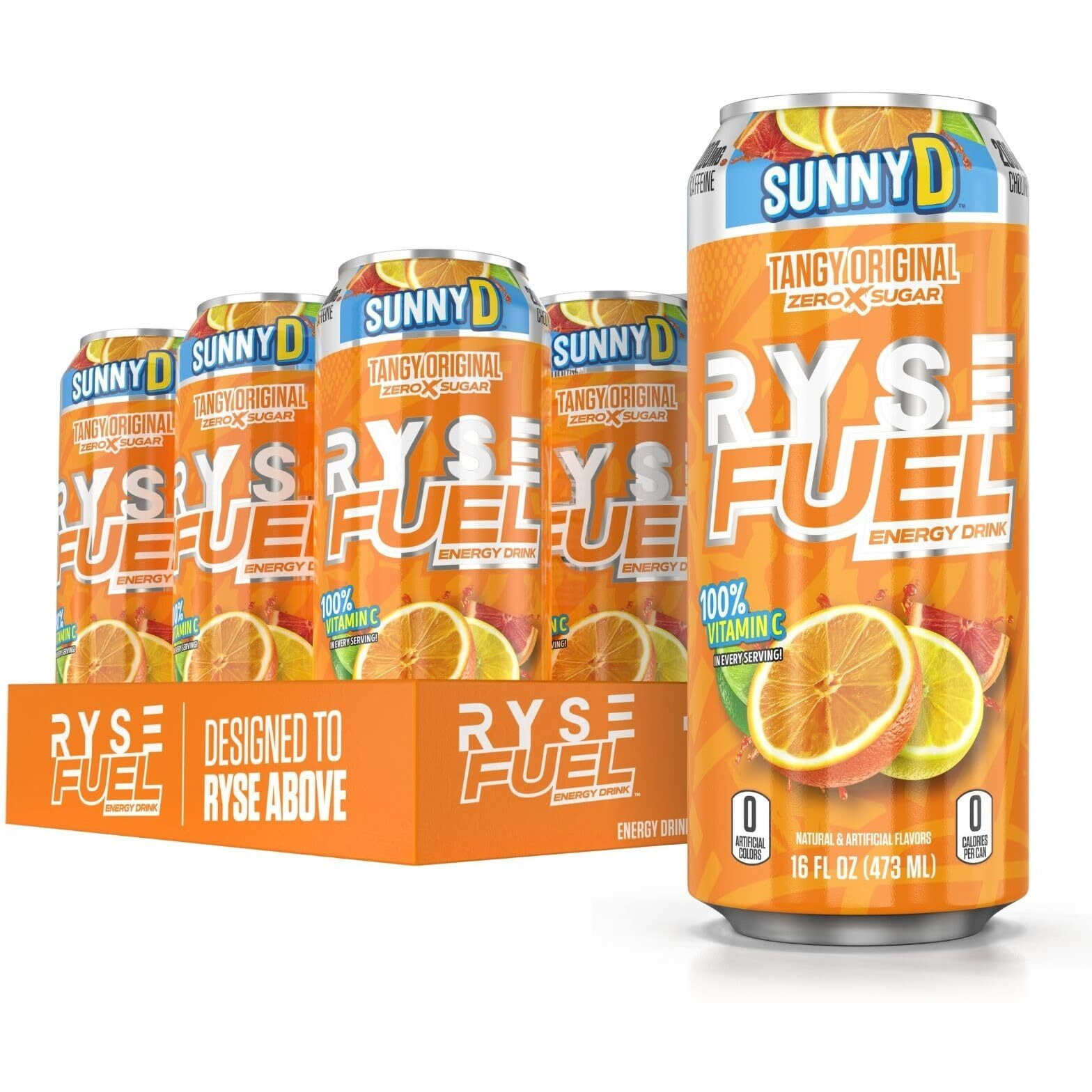 Ryse Fuel Sugar Free Energy Drink | Vegan Friendly, Gluten Free | No Fillers & No Artificial Colors | Low Calorie | 200Mg Natural Caffeine | 12 Pack (Sunny D Tangy Original)