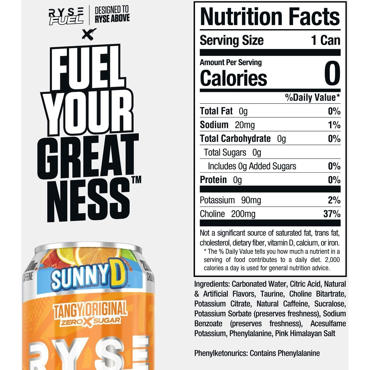 Ryse Fuel Sugar Free Energy Drink | Vegan Friendly, Gluten Free | No Fillers & No Artificial Colors | Low Calorie | 200Mg Natural Caffeine | 12 Pack (Sunny D Tangy Original)