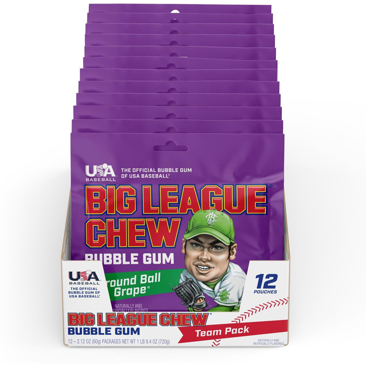 Big League Chew Ground Ball Grape Bubble Gum - Juicy Grape Flavor Explosion | Ideal For Baseball Games, Teams, Concessions, Parties, And More | Pack Of 12 Bags (2.12Oz Each)