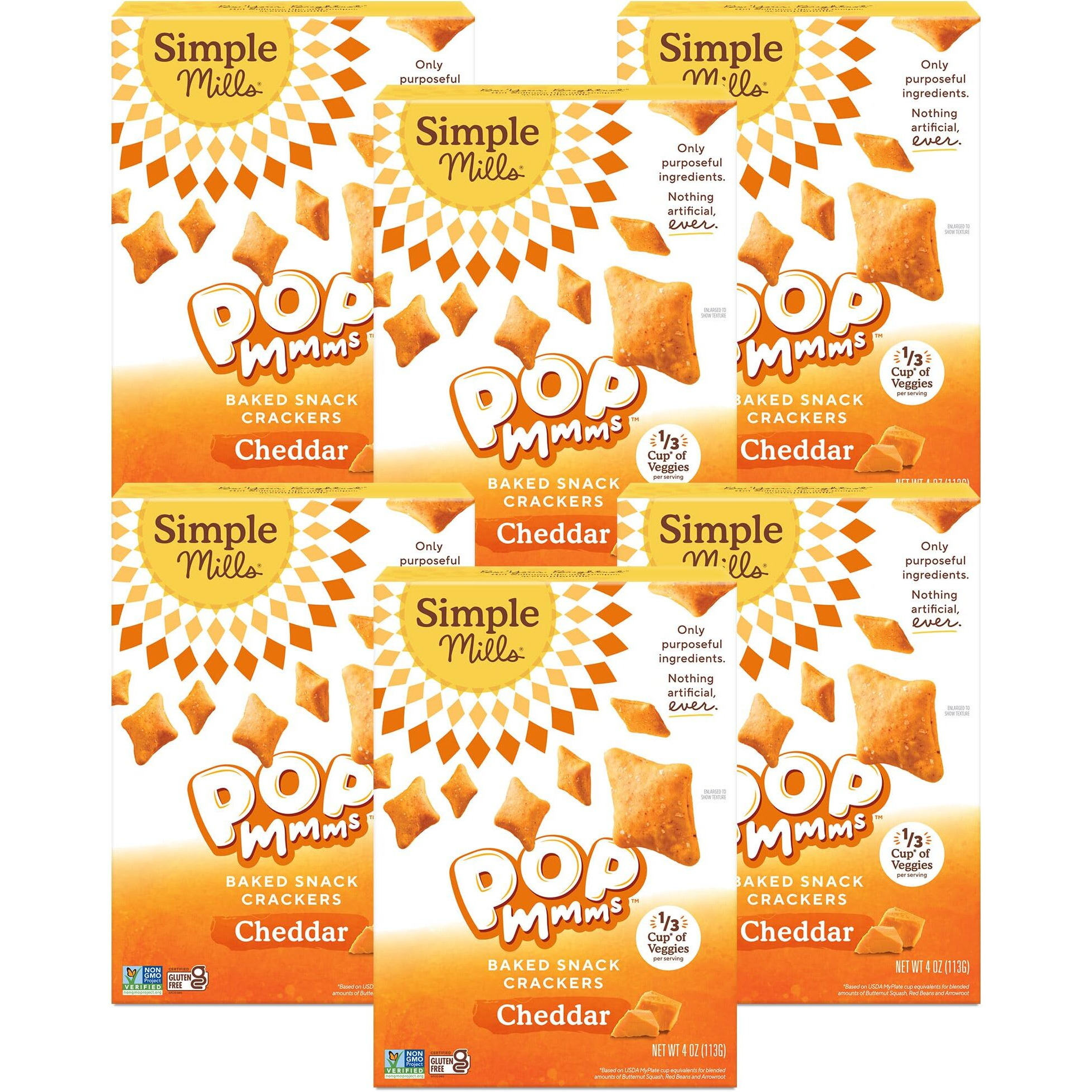 Simple Mills Pop Mmms Veggie Flour Baked Snack Crackers, Cheddar, Nothing Artificial, Kosher, Gluten Free & Non-Gmo, 4 Ounce (Pack Of 6)