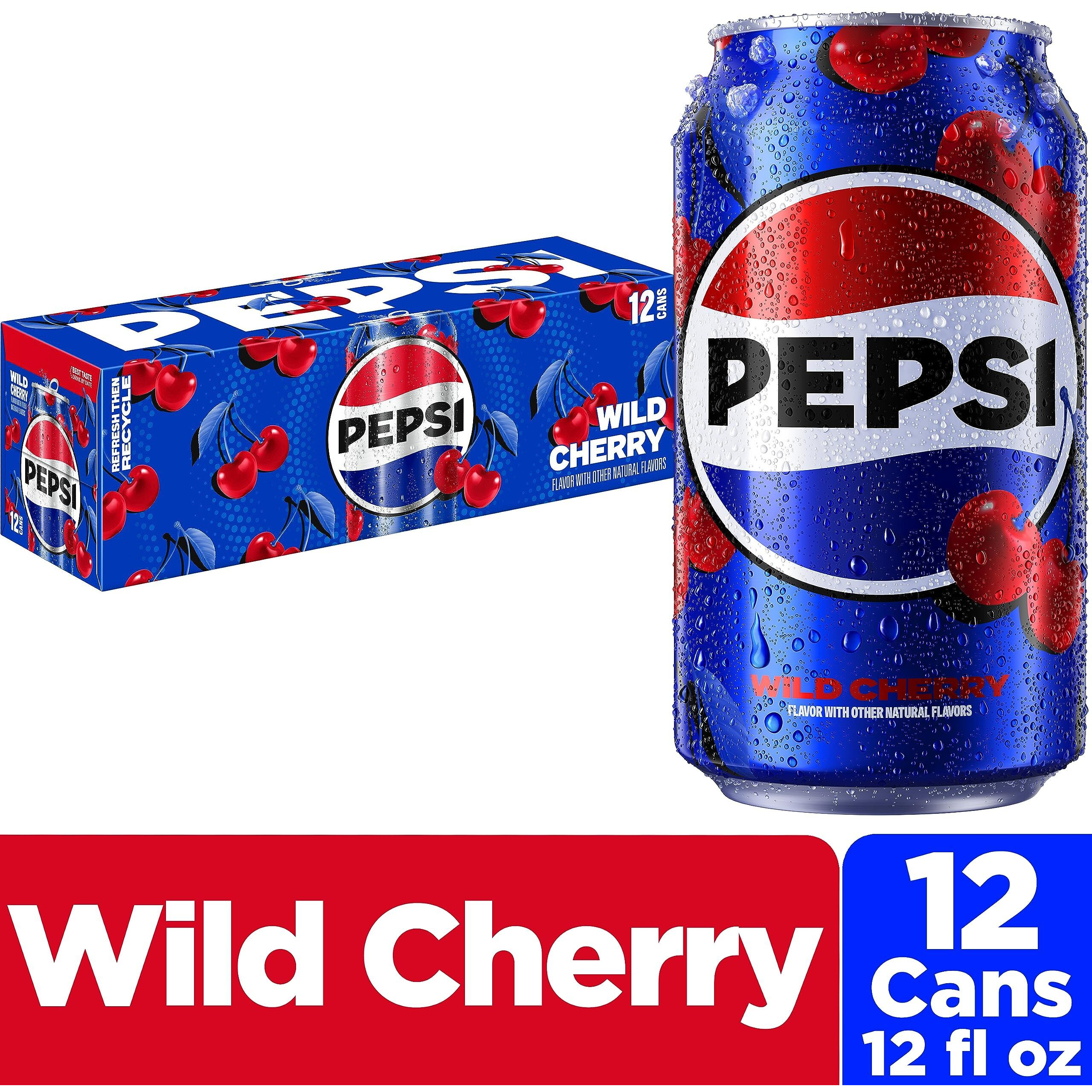 Pepsi Cola Soda Pop Natural Flavor, Wild Cherry, 12 Fl Oz Cans, 12 Pack