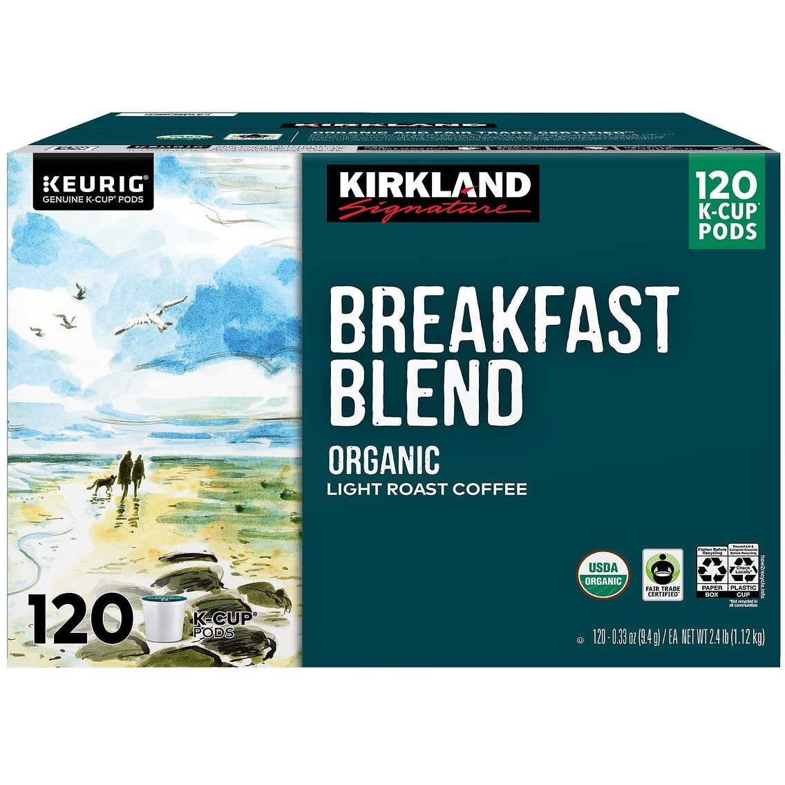 Kirkland Signature Organic Breakfast Blend Light-Roast Coffee, K-Cup Pods, 120 Count
