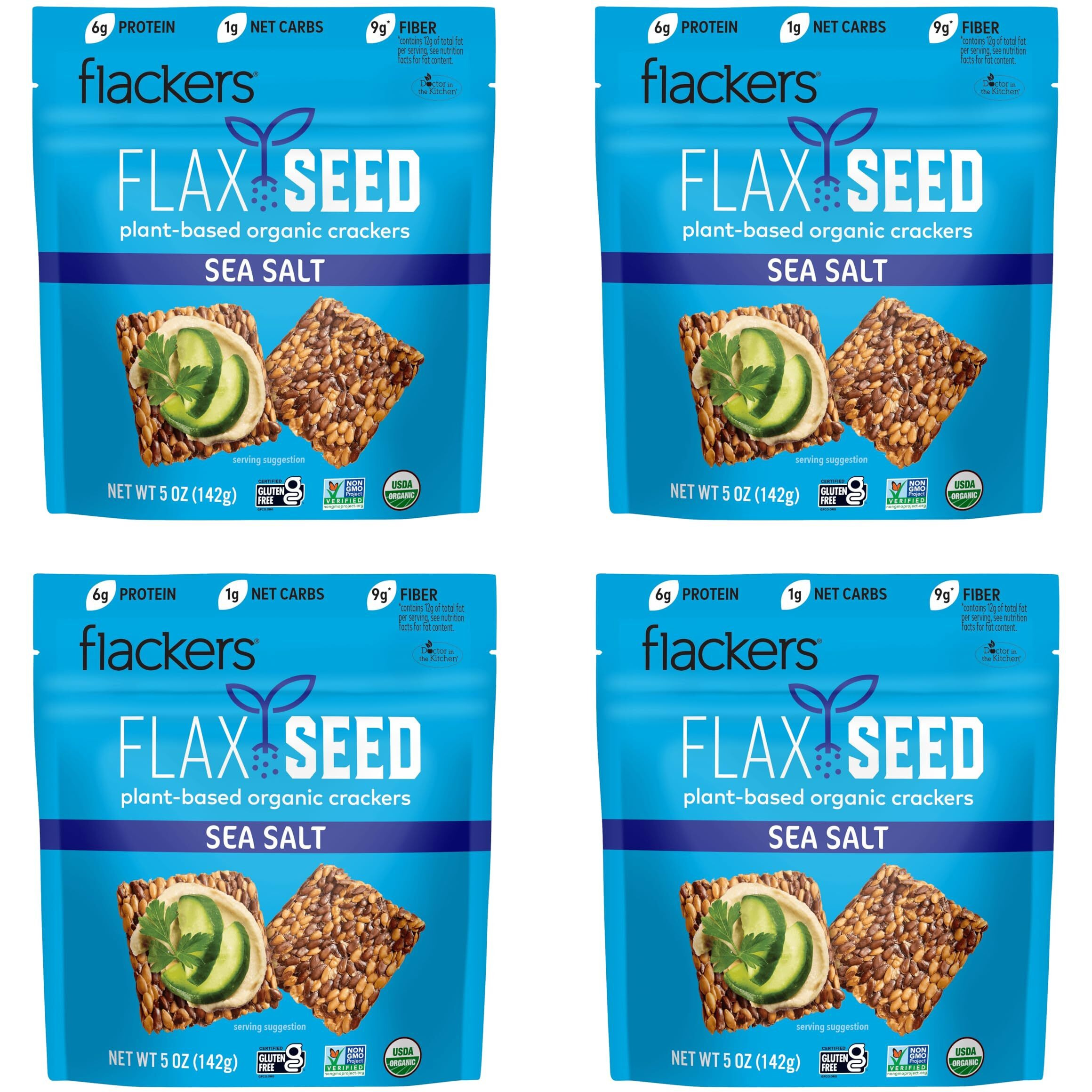 Flackers Organic Sea Salt Flaxseed Crackers, Gluten Free, Non Gmo, Vegan, Keto Snack, 9G Fiber, 1G Net Carb, 5 Ounce 4-Pack