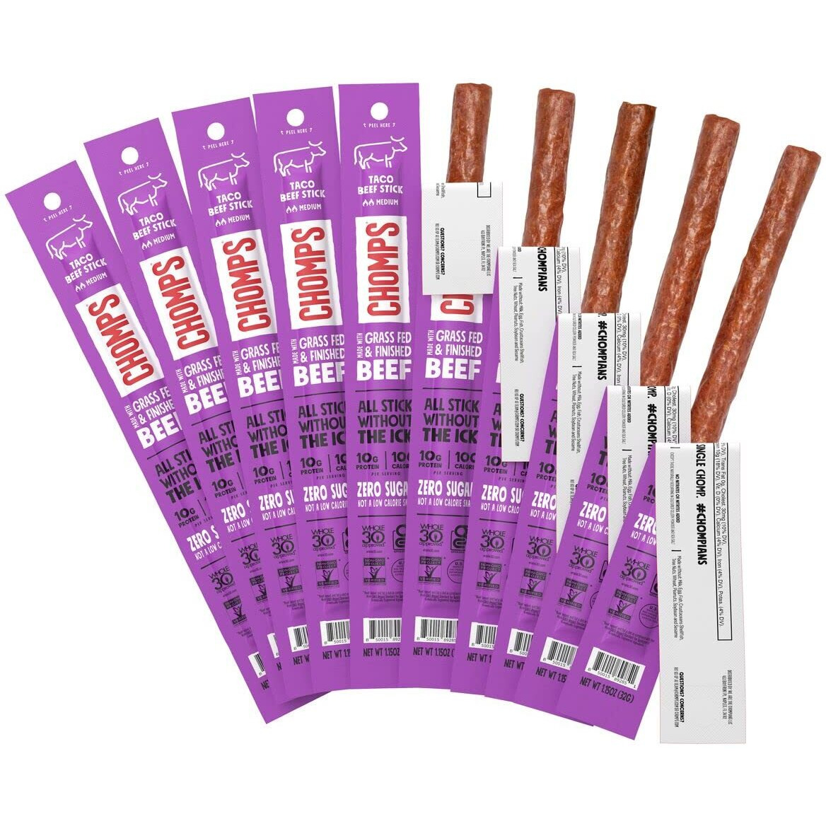 Chomps Grass-Fed And Finished Taco Beef Jerky Snack Sticks 10-Pack - Keto, Paleo, Whole30, 10G Lean Meat Protein, Gluten-Free, Zero Sugar Food, Non-Gmo