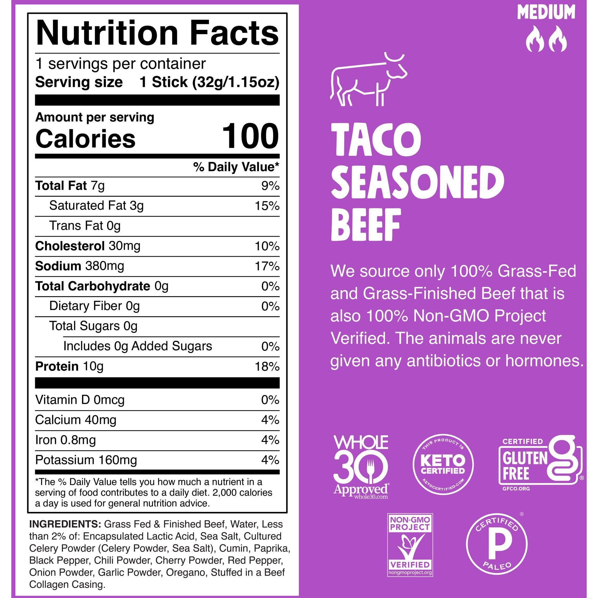 Chomps Grass-Fed And Finished Taco Beef Jerky Snack Sticks 10-Pack - Keto, Paleo, Whole30, 10G Lean Meat Protein, Gluten-Free, Zero Sugar Food, Non-Gmo