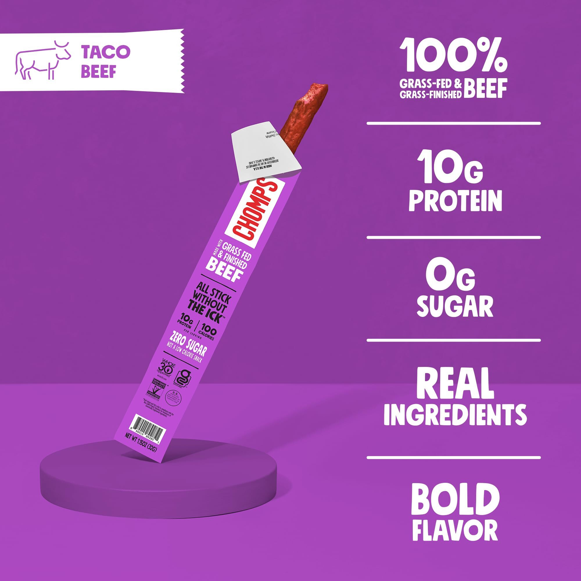 Chomps Grass-Fed And Finished Taco Beef Jerky Snack Sticks 10-Pack - Keto, Paleo, Whole30, 10G Lean Meat Protein, Gluten-Free, Zero Sugar Food, Non-Gmo