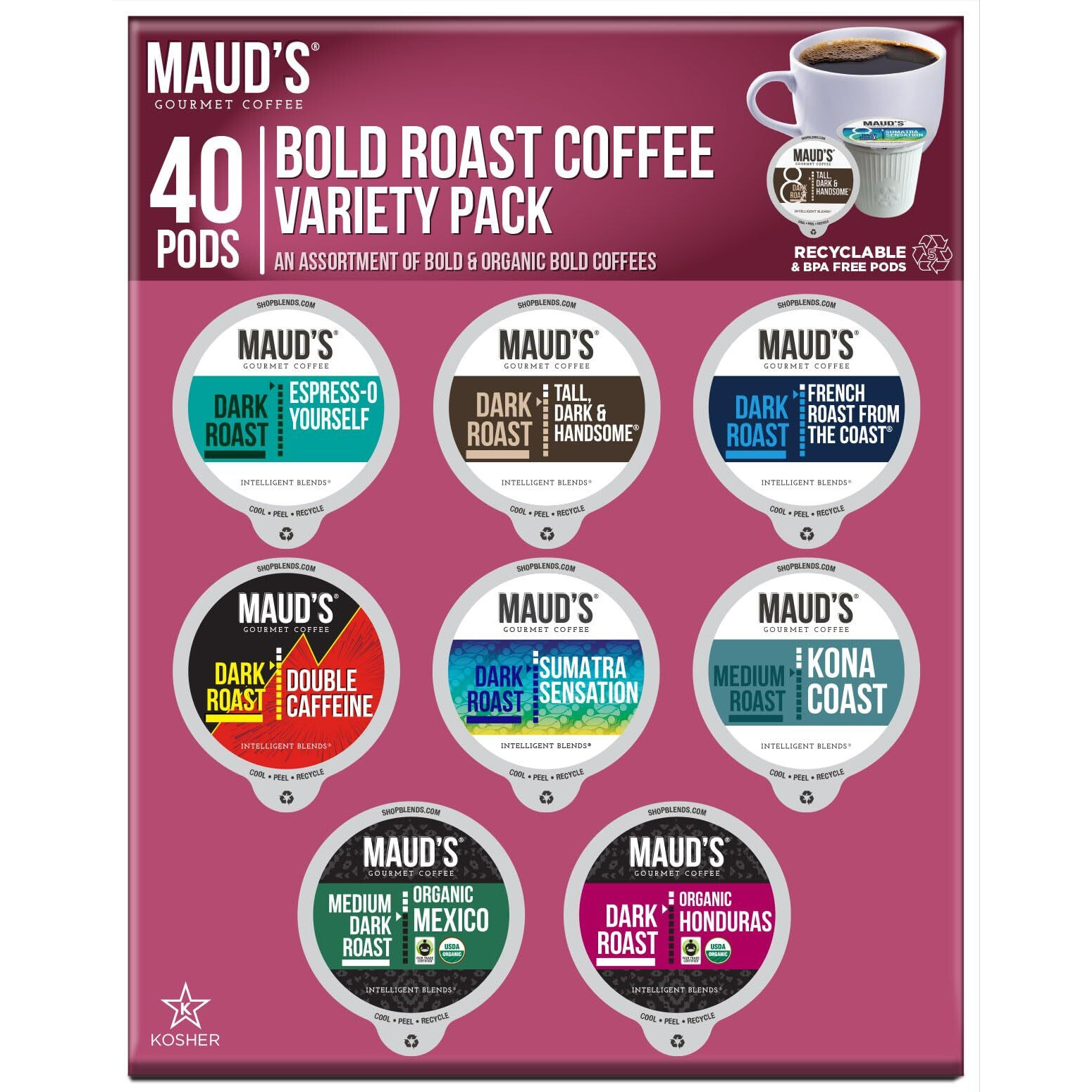 Maud's Bold Dark Roast Coffee Pods Variety Pack, 40 Ct | 8 Assorted Coffee Flavors | 100% Arabica Dark Roasted Coffee | Solar Energy Produced Recyclable Pods Compatible With Keurig K Cups Maker