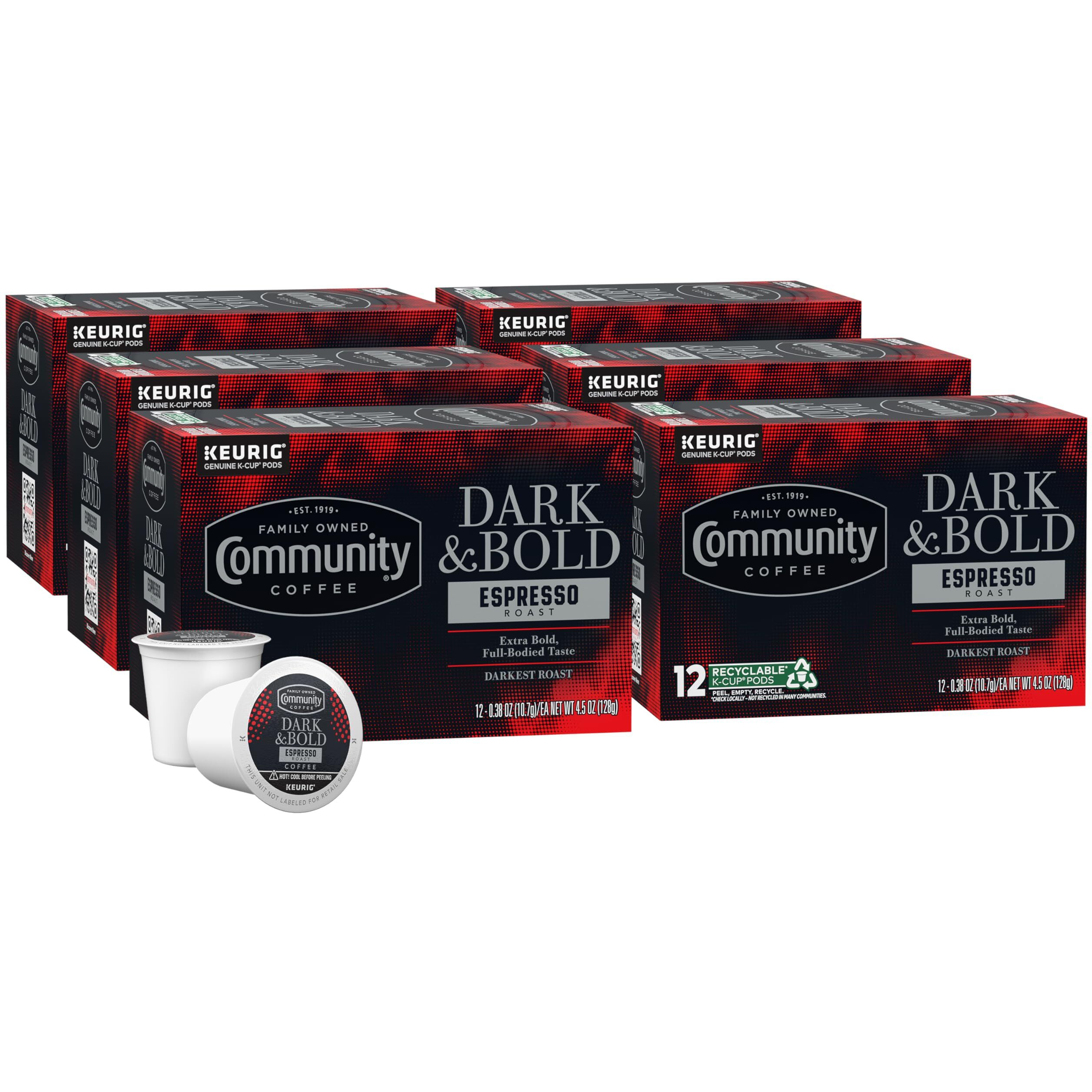 Community Coffee Dark & Bold Espresso Roast Coffee Pods, 72 Count, Extra Dark Roast Compatible With Keurig 2.0 K-Cup Brewers, 12 Count (Pack Of 6)