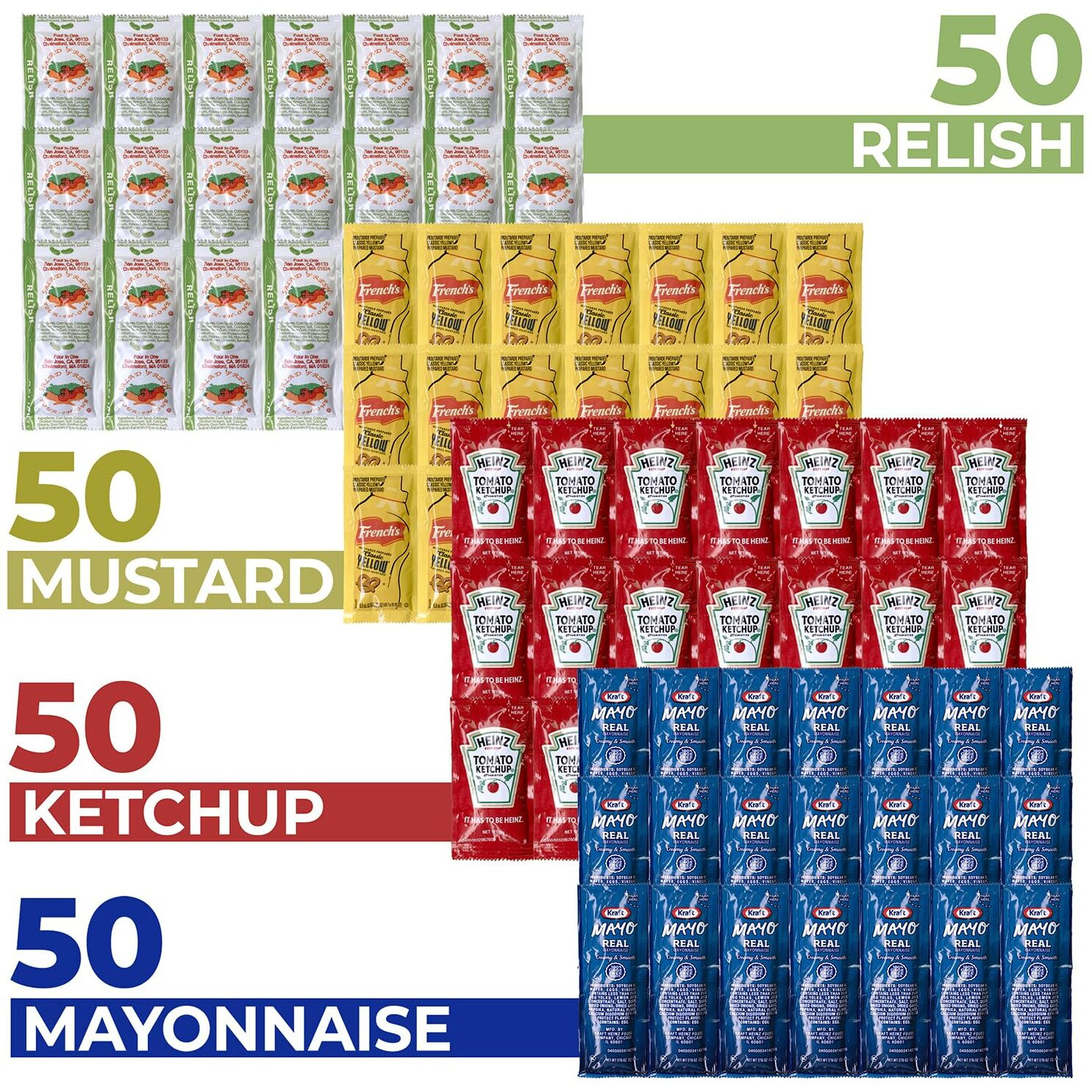 Grab-N-Go Condiment Packs - 50 Single Serve Pouches Of Each Ketchup, Mustard, Relish, And Mayo - Great For Picnics, Boxed Lunch, Bbq, Travel, Picnic And Parties (200 Condiment Packets Total)