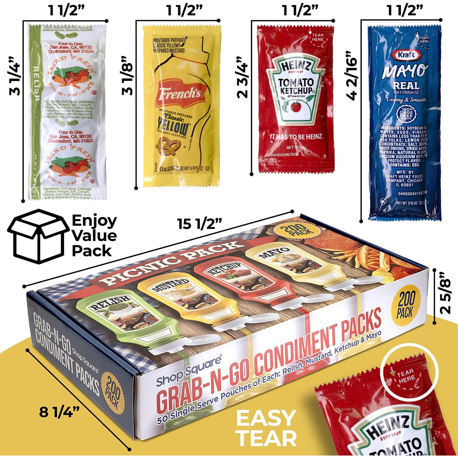 Grab-N-Go Condiment Packs - 50 Single Serve Pouches Of Each Ketchup, Mustard, Relish, And Mayo - Great For Picnics, Boxed Lunch, Bbq, Travel, Picnic And Parties (200 Condiment Packets Total)