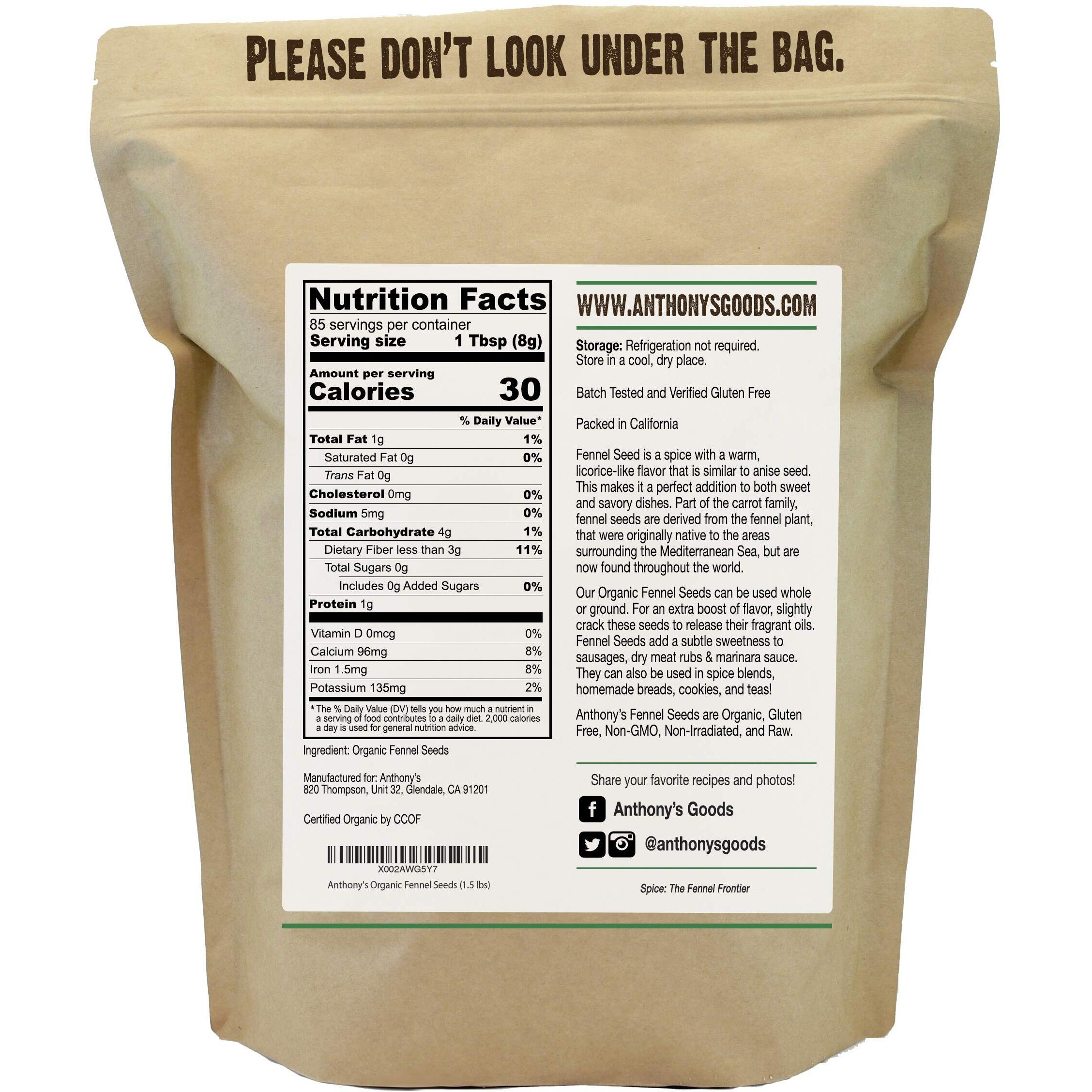 Anthony's Organic Fennel Seeds, 1.5 Lb, Whole Seeds, Non-Irradiated, Gluten-Free, Non-Gmo