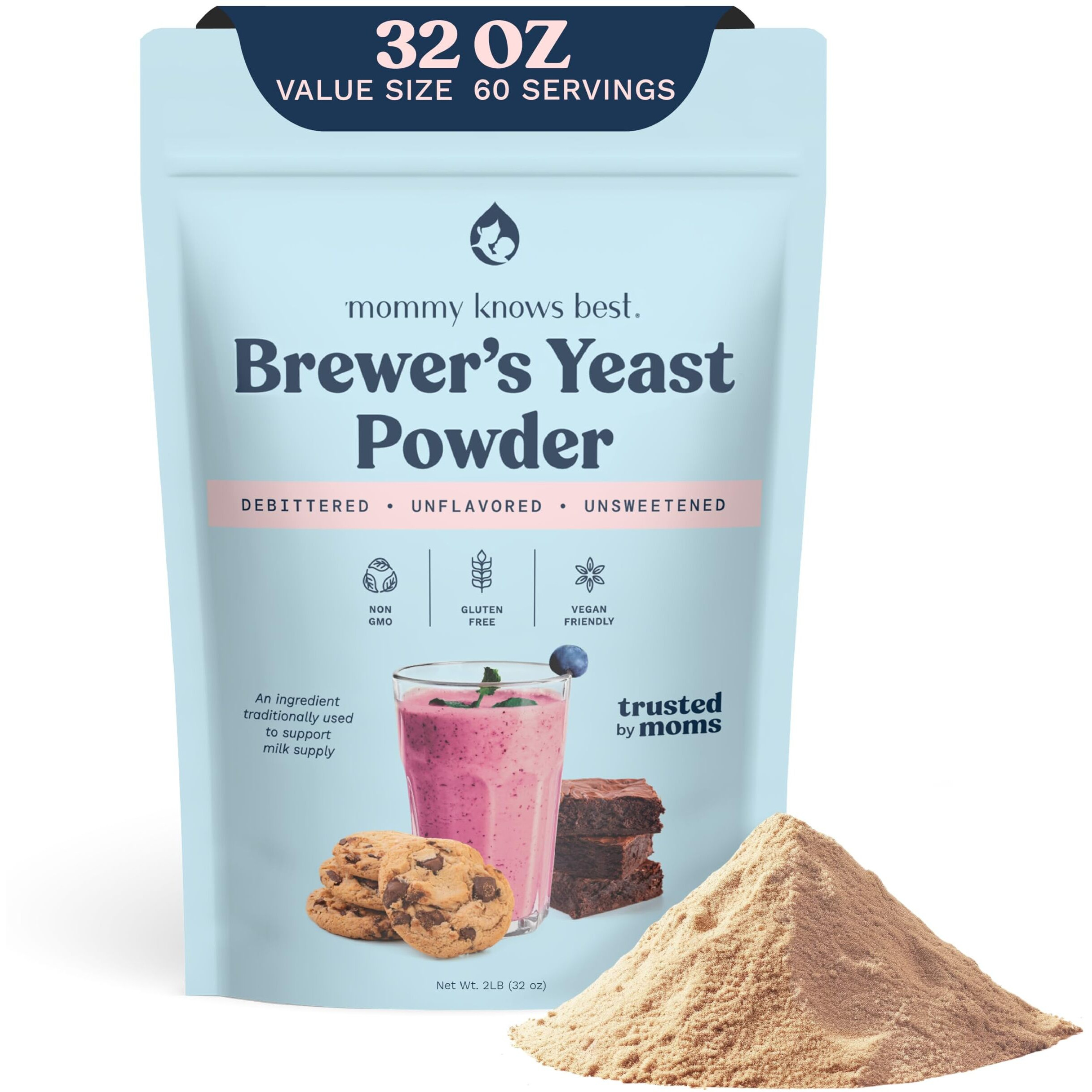 Mommy Knows Best Brewers Yeast Powder For Lactation Brewer's Yeast For Breastfeeding Mothers - Mild Nutty Flavored Unsweetened And Debittered - 2 Lb