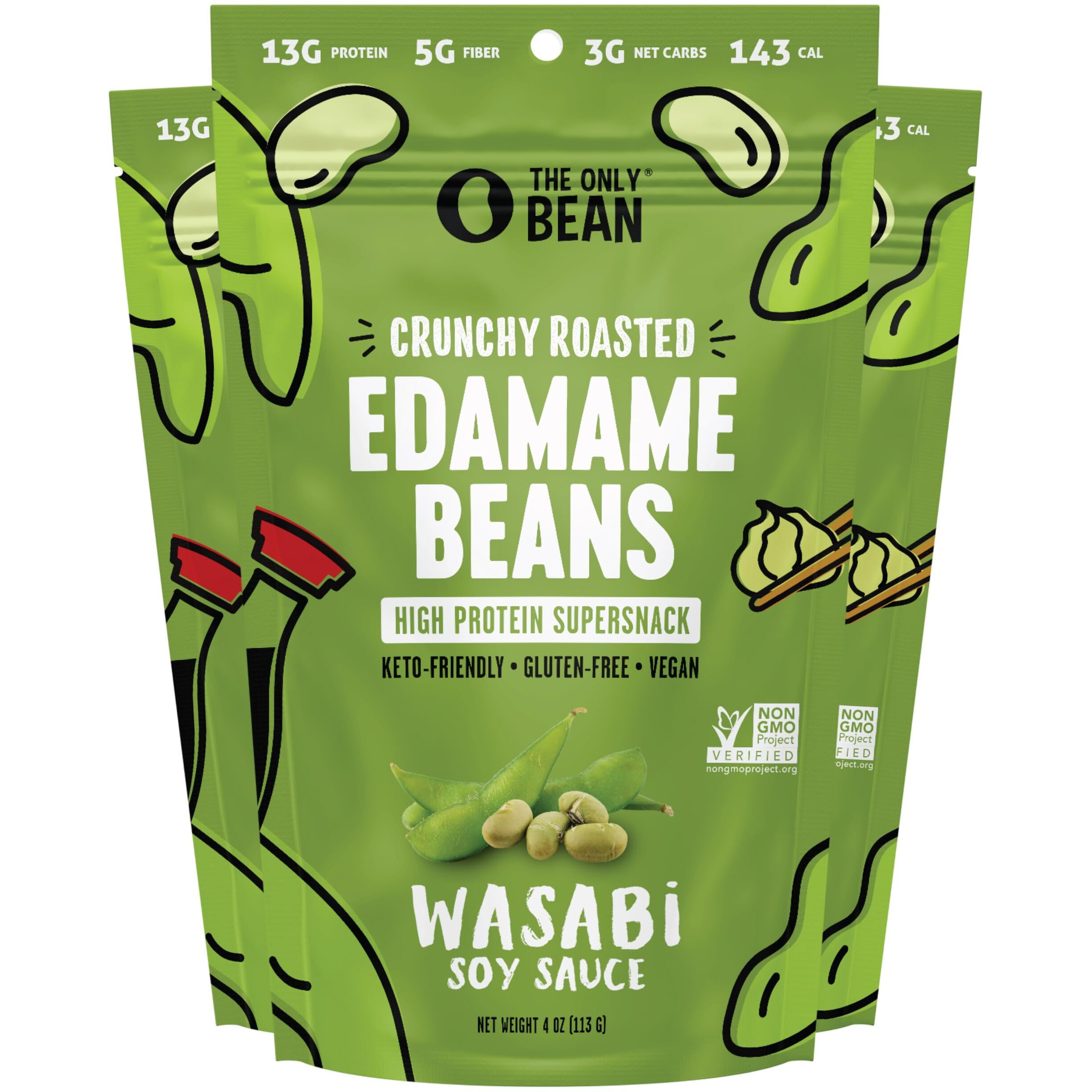 The Only Bean Edamame Dry Roasted Edamame Beans Snack (Wasabi Soy Sauce), Wasabi Peas Alternative, Asian Japanese Snacks, Healthy High Protein Snacks, Low Carb, Gluten Free, 4Oz (Pack Of 3)