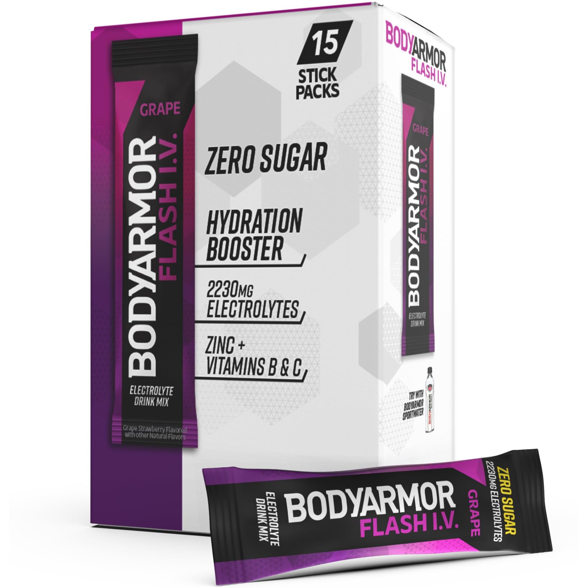 Bodyarmor Flash Iv Electrolyte Packets, Grape - Zero Sugar Drink Mix, Single Serve Packs, Coconut Water Powder, Hydration For Workout, Travel Essentials, Just Add Sticks To Liquid (15 Count)