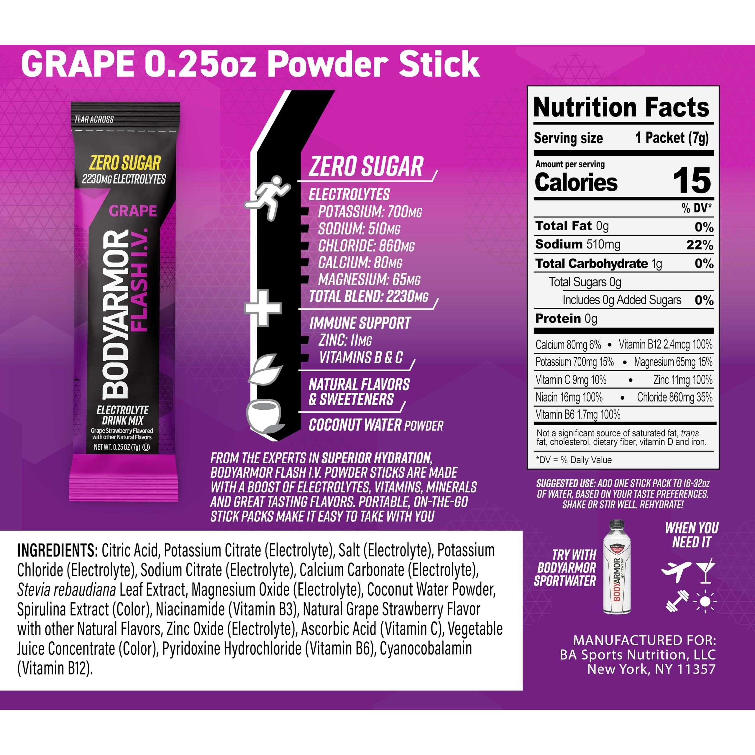 Bodyarmor Flash Iv Electrolyte Packets, Grape - Zero Sugar Drink Mix, Single Serve Packs, Coconut Water Powder, Hydration For Workout, Travel Essentials, Just Add Sticks To Liquid (15 Count)