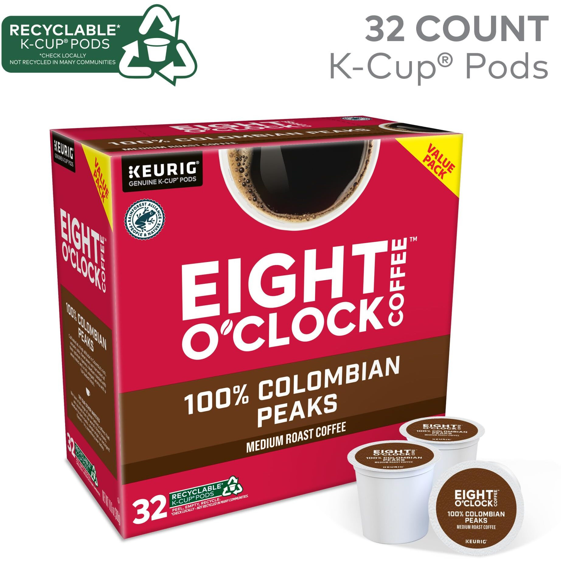Eight O'Clock Coffee Colombian Peaks Single-Serve Keurig K-Cup Pods, Medium Roast Coffee Pods, 32 Count