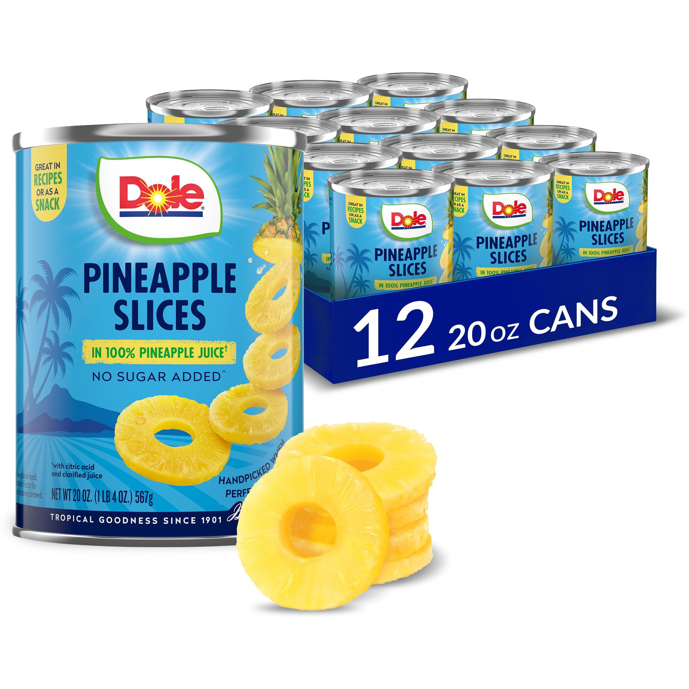 Dole Canned Fruit, Pineapple Slices In 100% Pineapple Juice, Gluten Free, Pantry Staples, 20 Oz, 12 Count, Packaging May Vary