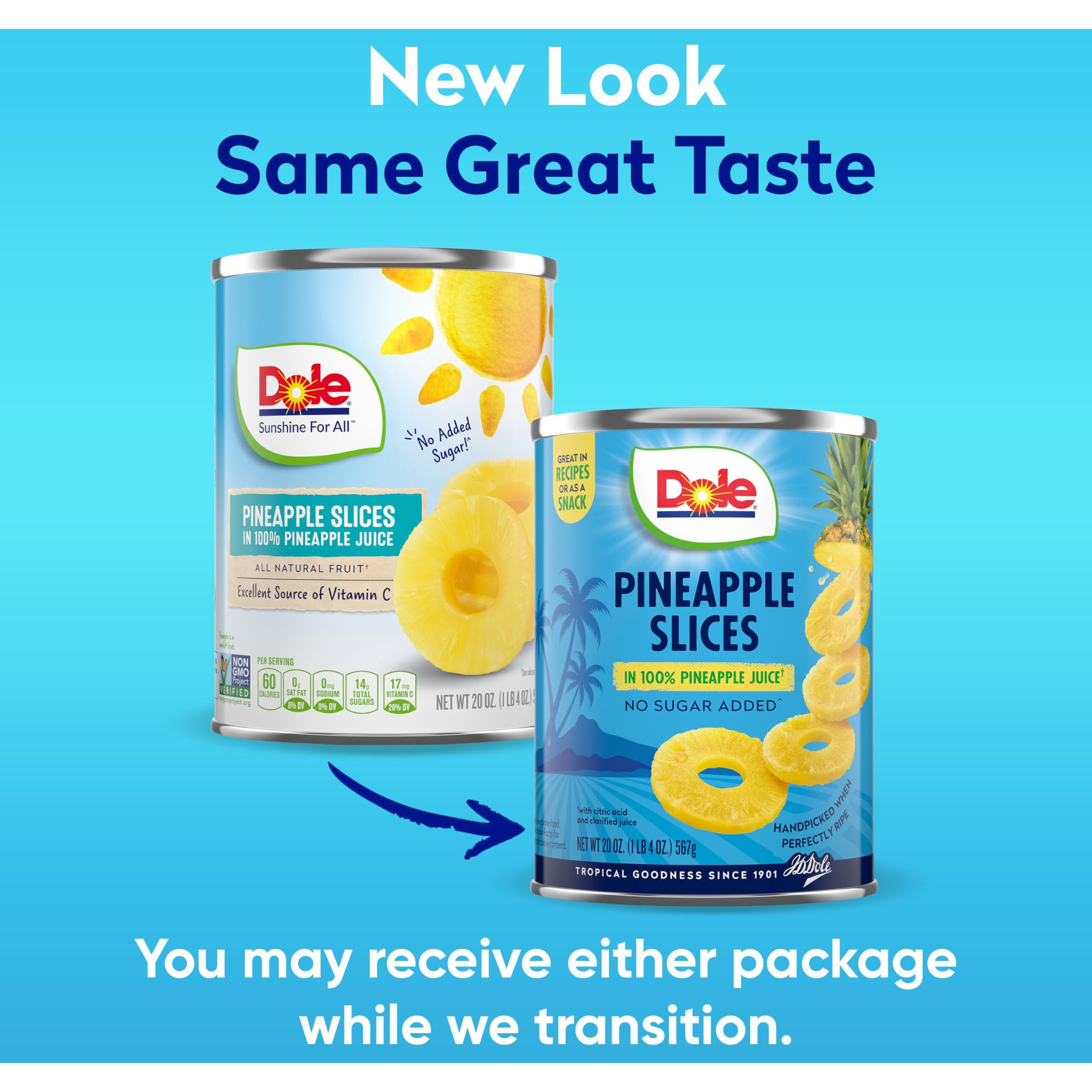 Dole Canned Fruit, Pineapple Slices In 100% Pineapple Juice, Gluten Free, Pantry Staples, 20 Oz, 12 Count, Packaging May Vary