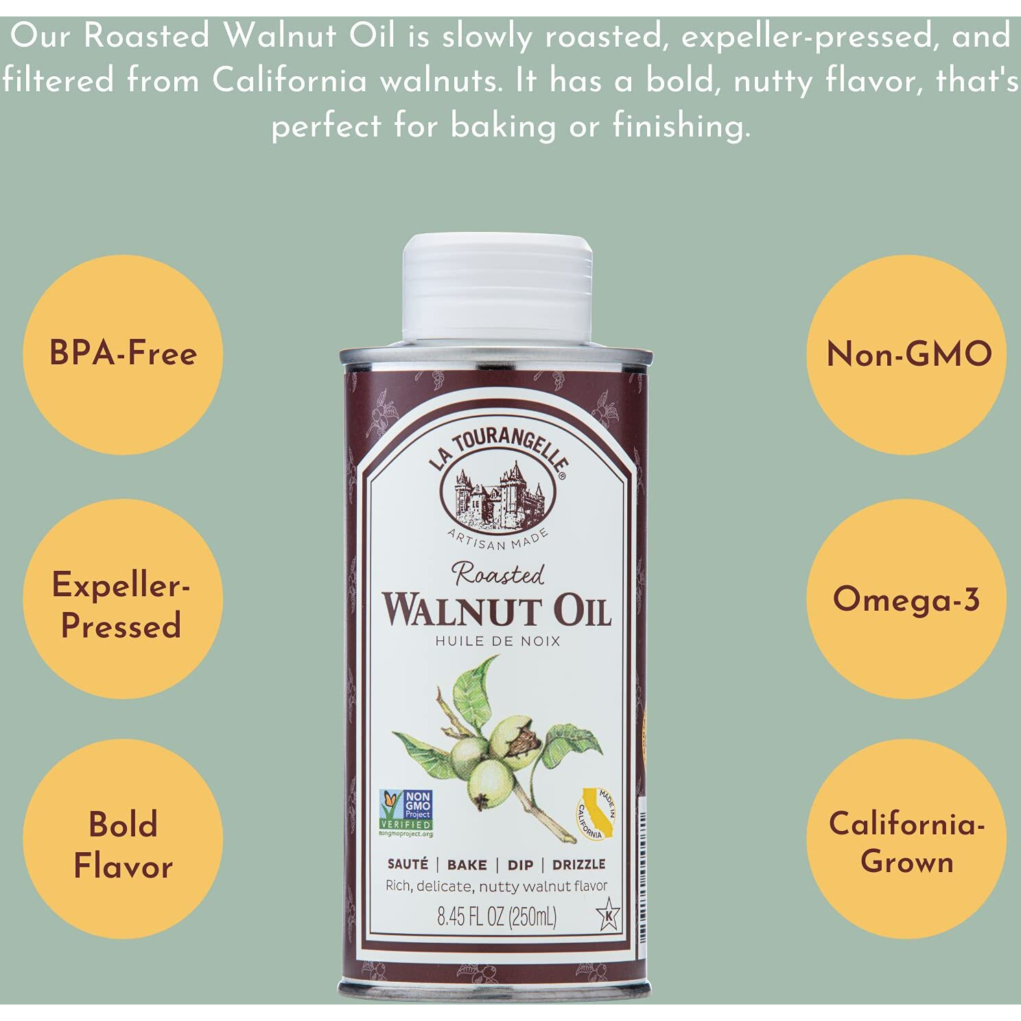 La Tourangelle, Roasted Walnut Oil, Plant-Based Source Of Omega-3 Fatty Acid, Cooking, Baking, & Beauty, 16.9 Fl Oz