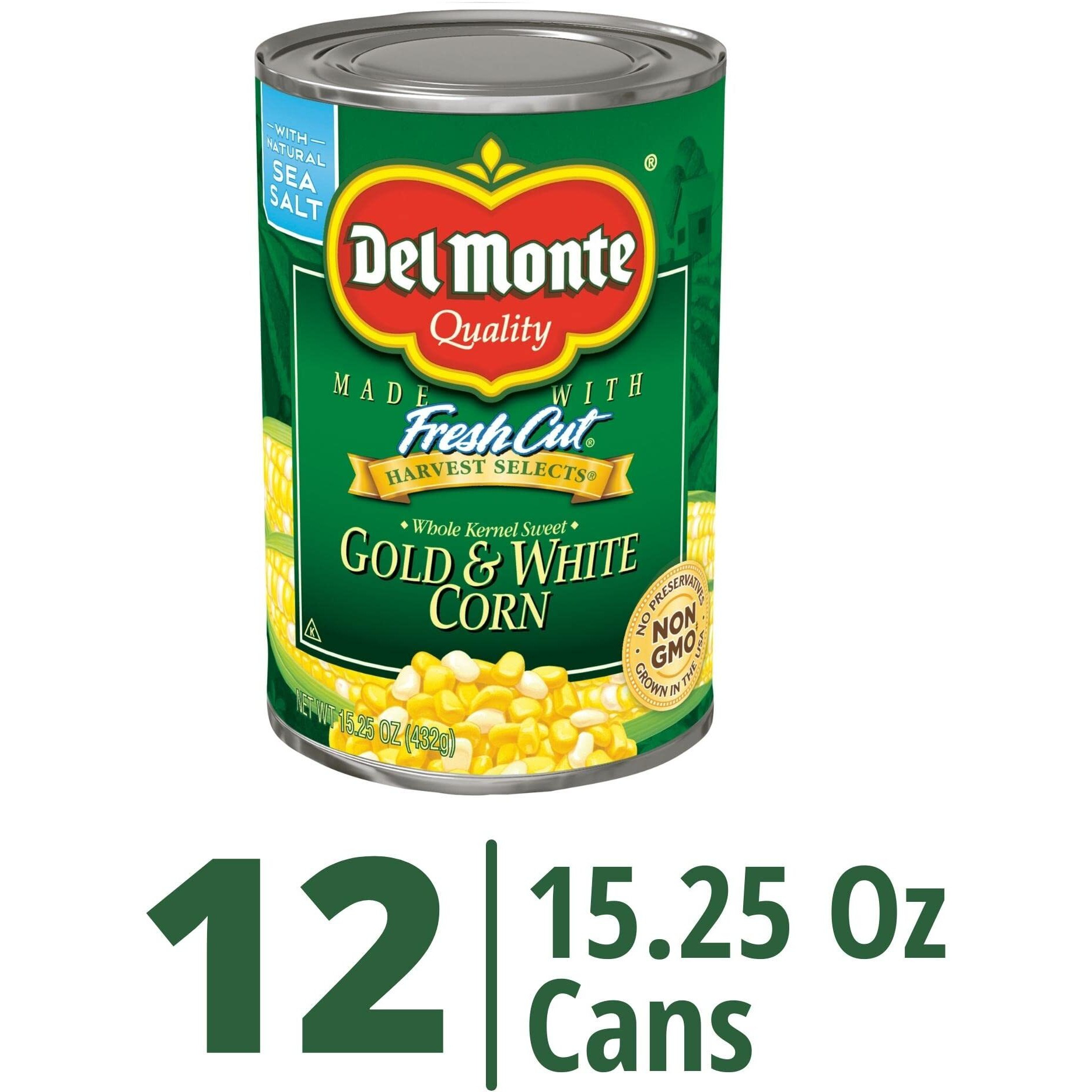 Del Monte Canned Harvest Select Fresh Cut Whole Kernel Sweet Gold & White Corn, 15.25 Ounce (Pack Of 12)