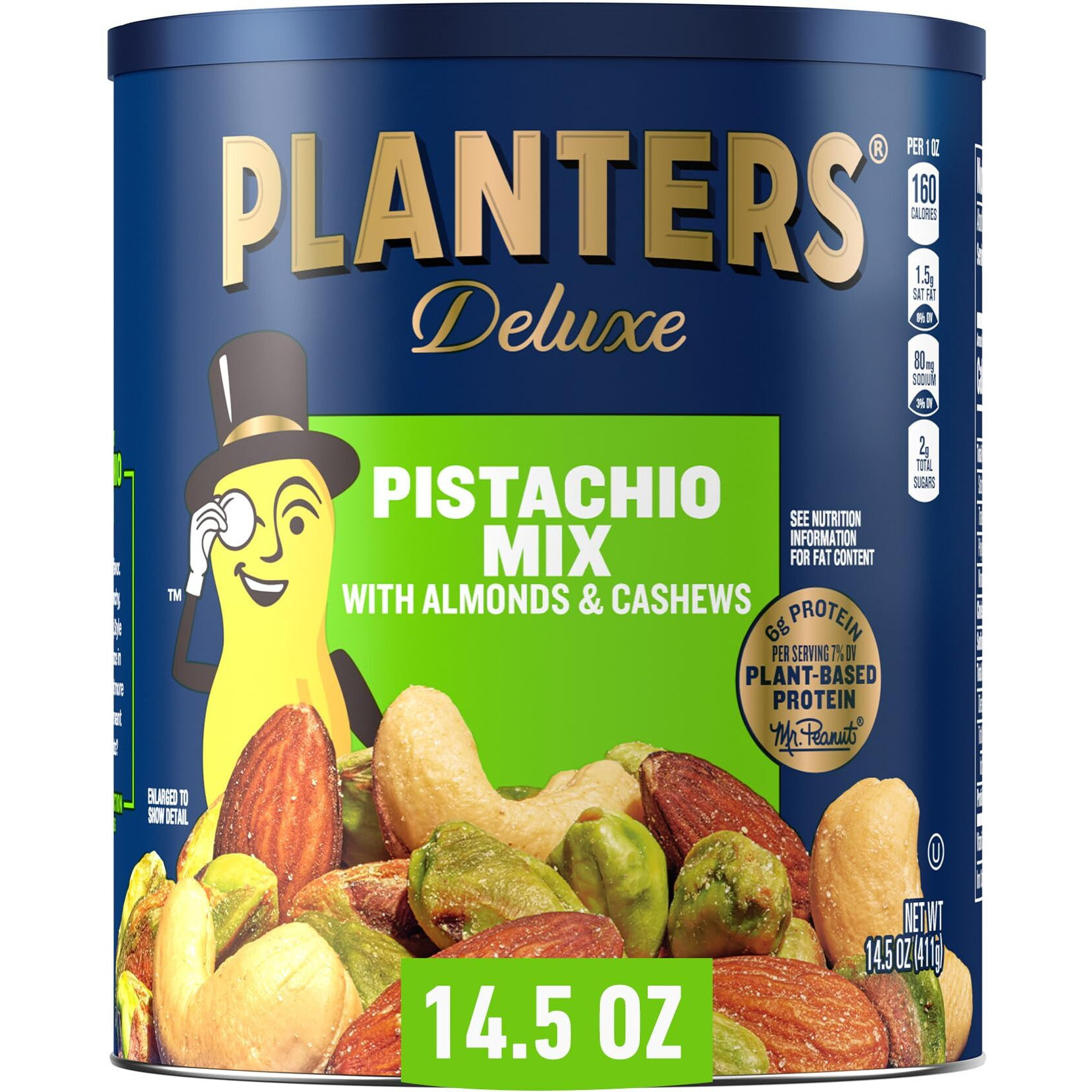 Planters Deluxe Pistachio Mix, Party Snacks, Plant-Based Protein, 14.5 Oz Canister