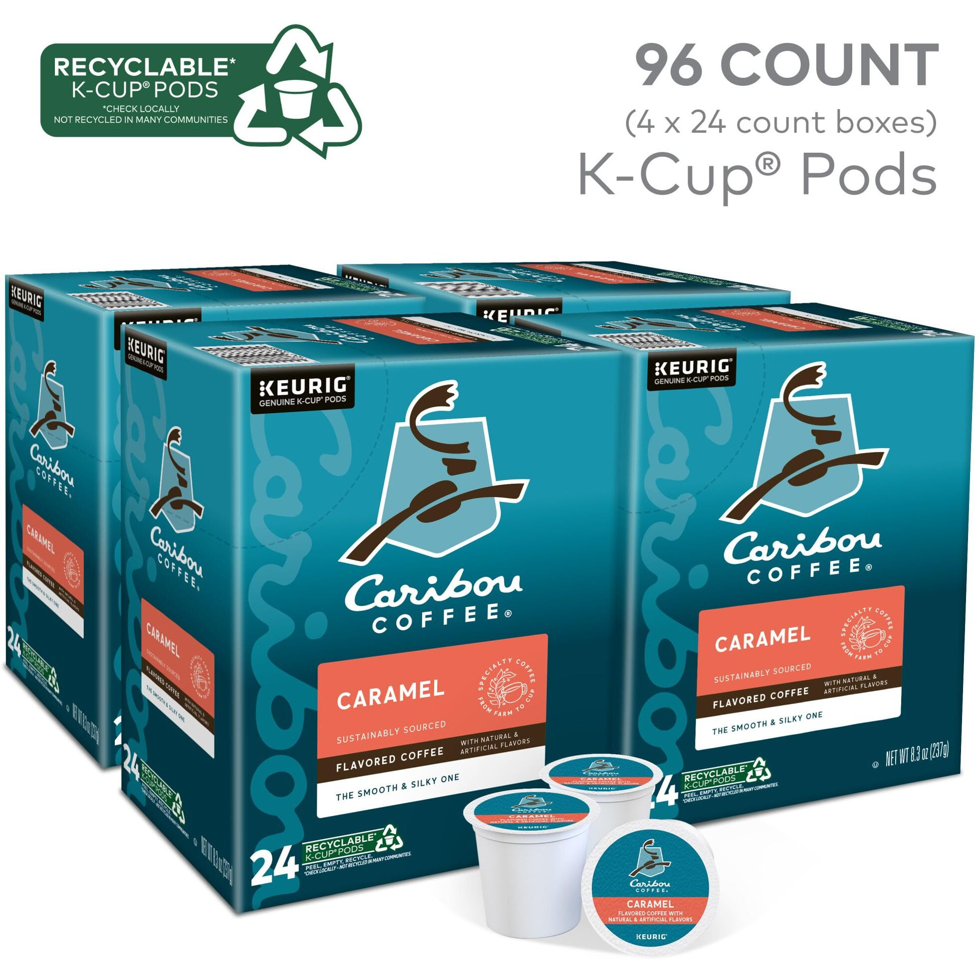 Caribou Coffee Caramel Flavored Coffee, Single Serve Keurig K-Cup Pods, Medium Roast Coffee, 96-Count Box (4 Packs Of 24)