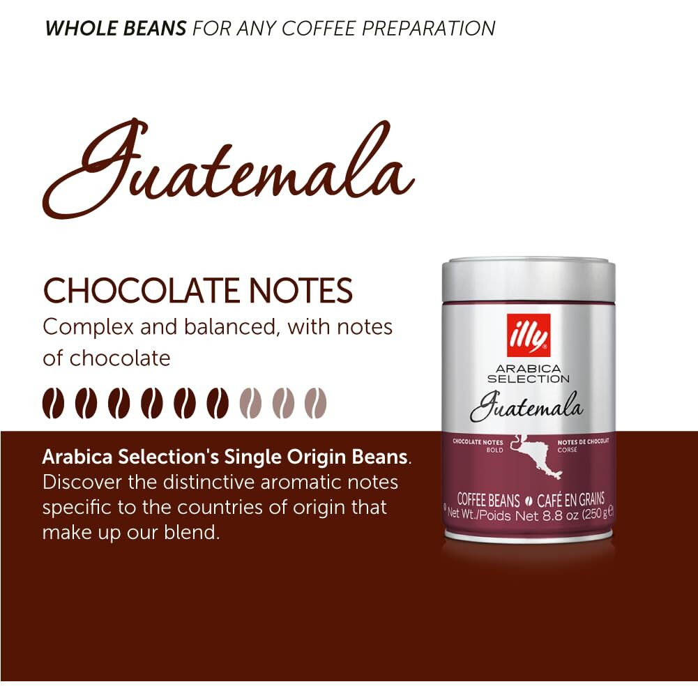 Illy Whole Bean Coffee - Perfectly Roasted Whole Coffee Beans - Guatemala Dark Roast - With Notes Of Chocolate - Complex & Balanced - 100% Arabica Coffee - No Preservatives - 8.8 Ounce, 6 Pack