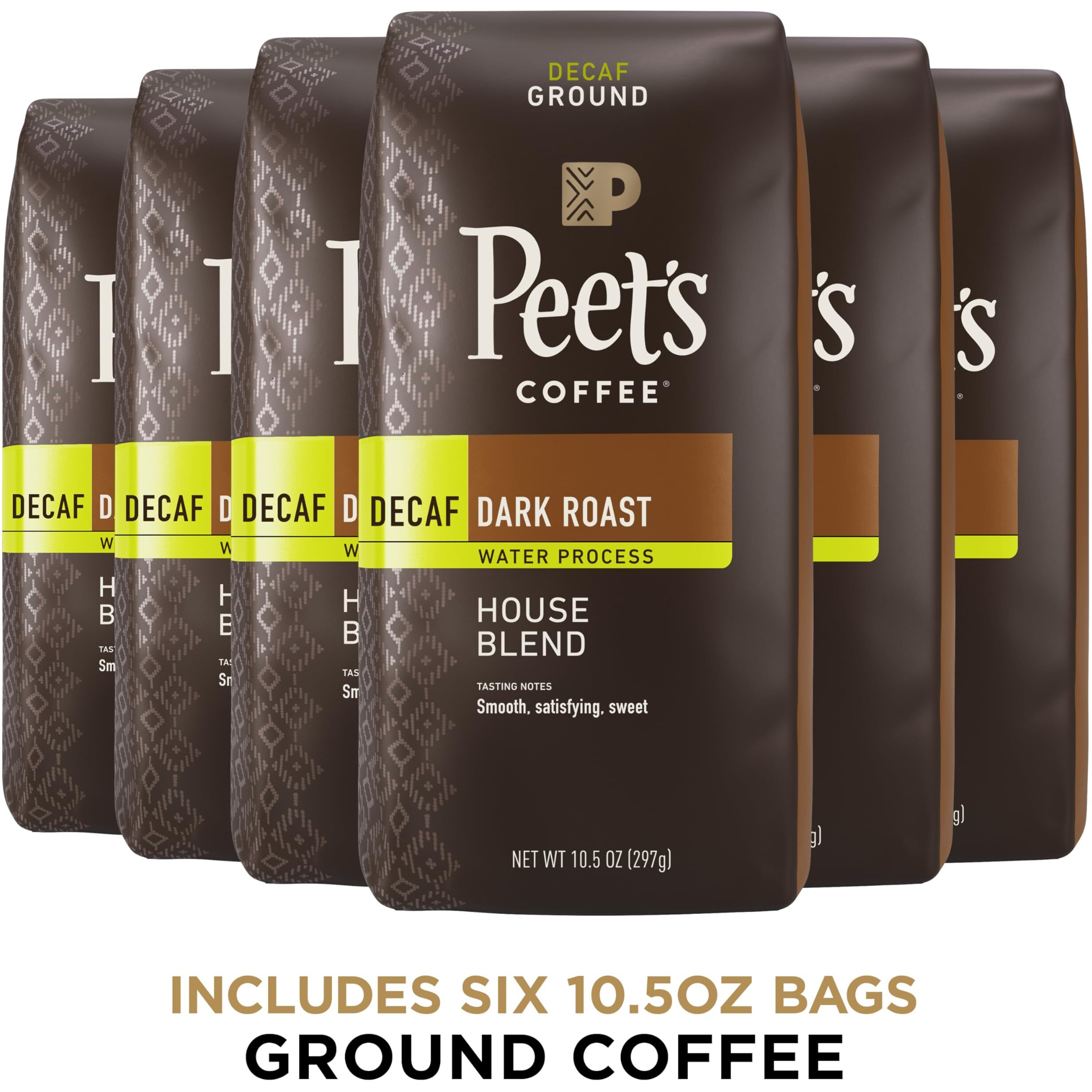 Peet's Coffee, Dark Roast Decaffeinated Ground Coffee - Decaf House Blend 63 Ounces (Six Bags Of 10.5 Ounce)