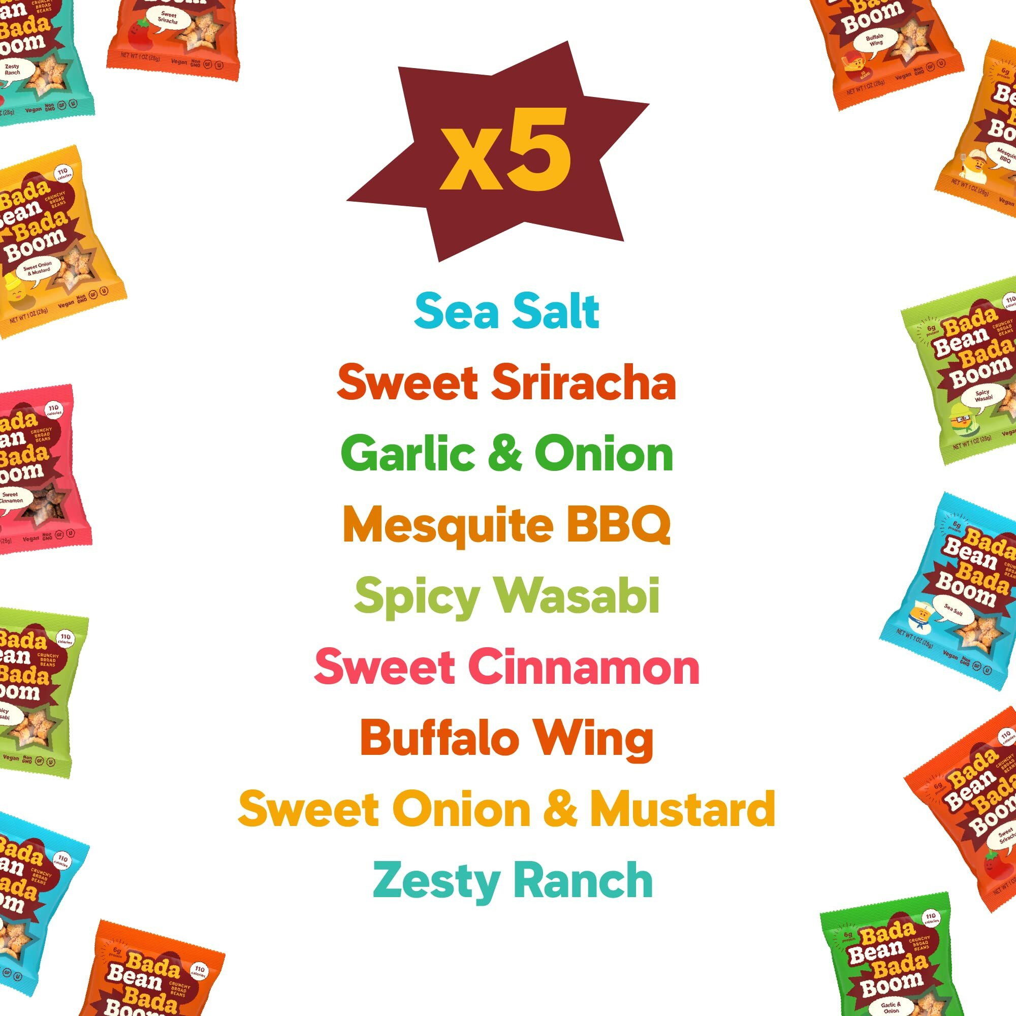 Bada Bean Bada Boom, Crunchy Roasted Broad Bean Snacks (Fava), High Protein, Vegan, Gluten-Free - 110 Calorie Packs, The Boom Box Variety Pack, 1 Ounce (Pack Of 45)