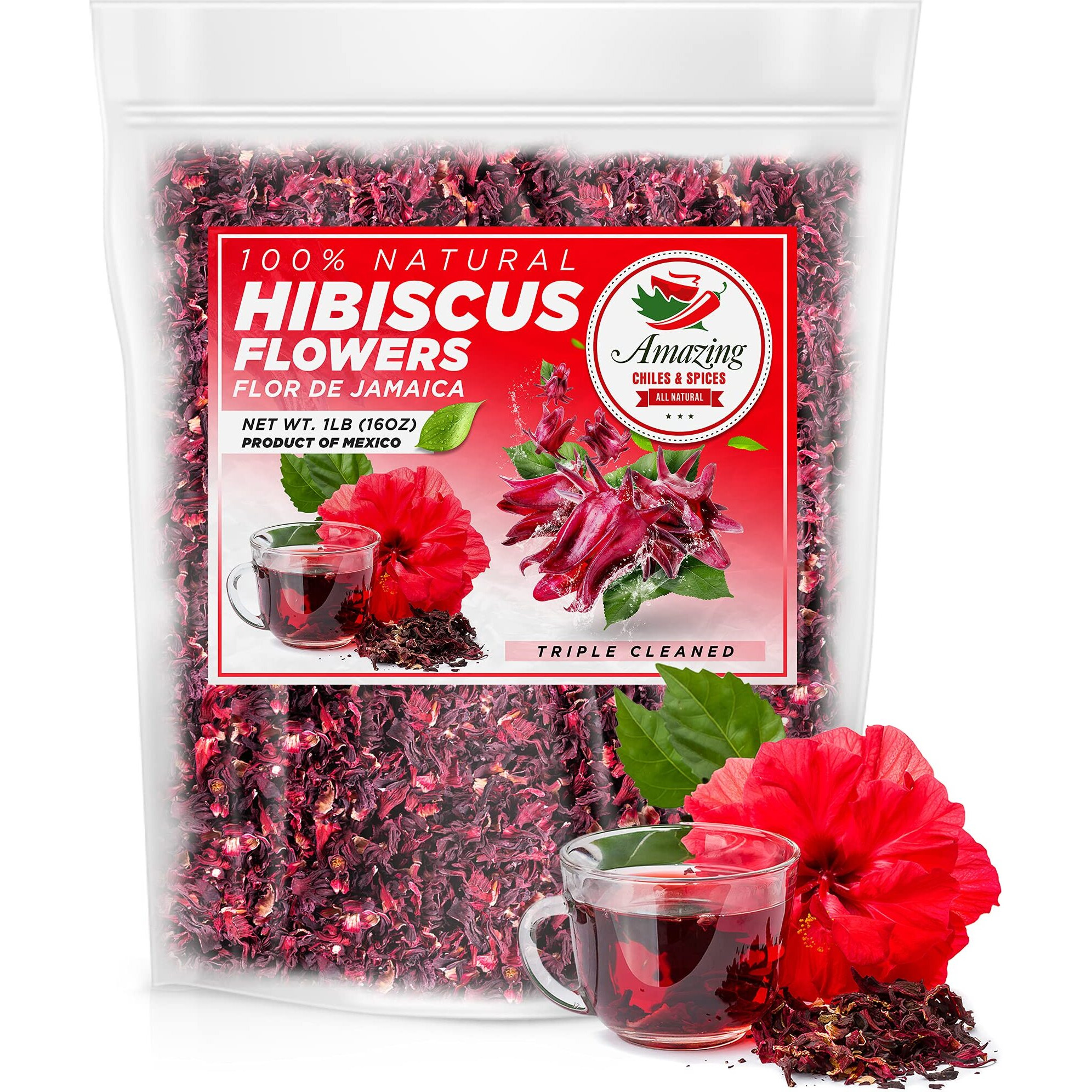 Hibiscus Flowers 1Lb (16Oz) - All Natural, Triple Cleaned - Whole Soft Flowers And Petals - Flor De Jamaica. Great For Hot Or Iced Tea And Agua Fresca. By Amazing Chiles And Spices