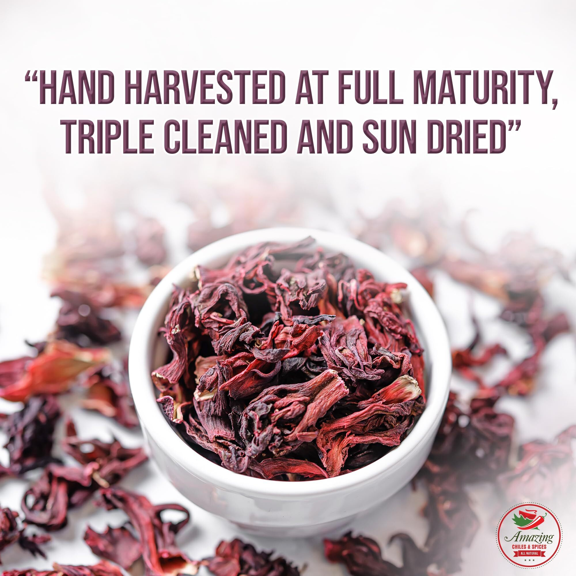 Hibiscus Flowers 1Lb (16Oz) - All Natural, Triple Cleaned - Whole Soft Flowers And Petals - Flor De Jamaica. Great For Hot Or Iced Tea And Agua Fresca. By Amazing Chiles And Spices