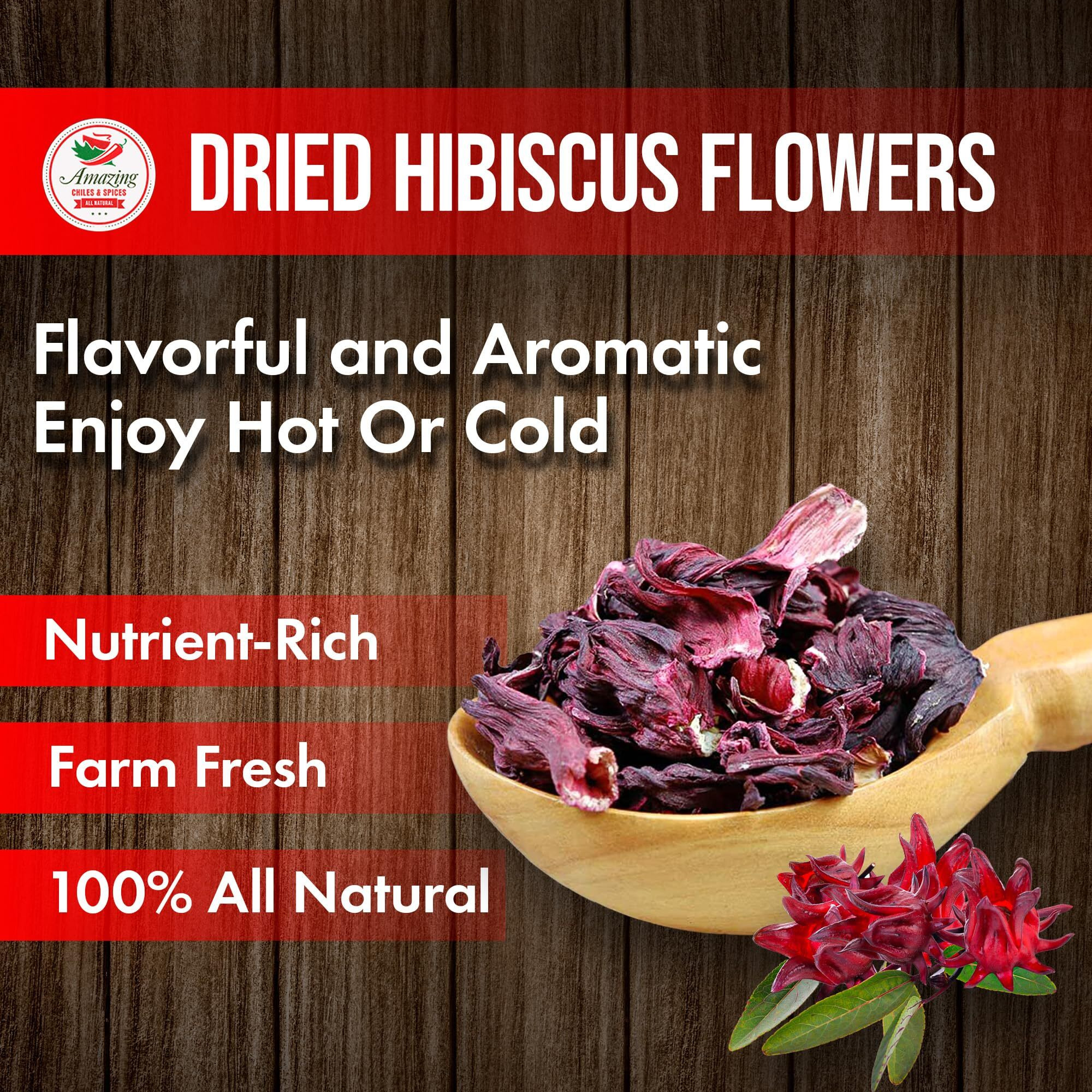 Hibiscus Flowers 1Lb (16Oz) - All Natural, Triple Cleaned - Whole Soft Flowers And Petals - Flor De Jamaica. Great For Hot Or Iced Tea And Agua Fresca. By Amazing Chiles And Spices