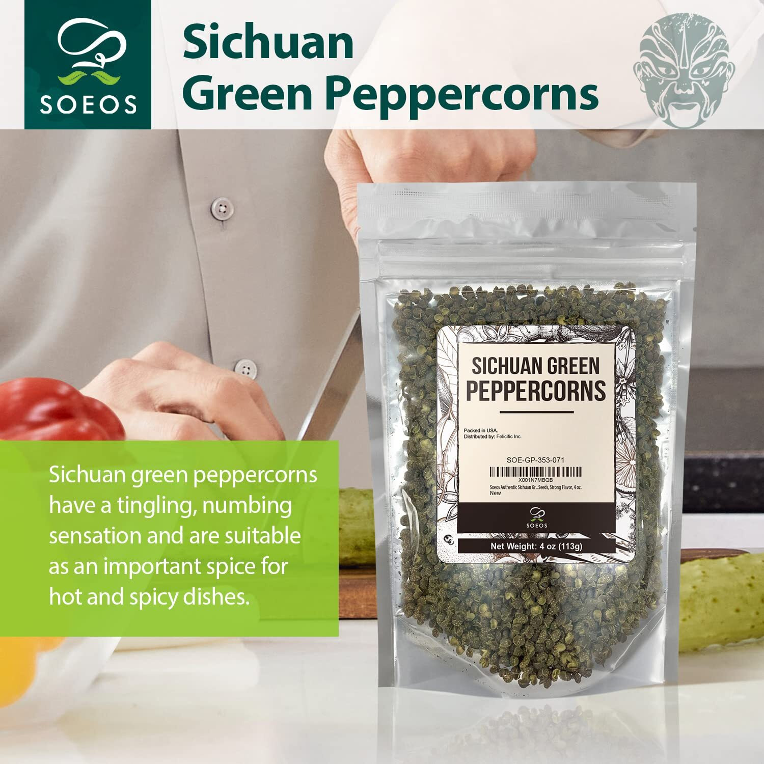 Soeos Green Peppercorns, 4Oz(113G), Authentic Sichuan Green Peppercorns, Numbing And Tingle Effect, Less Seeds, Strong Flavor, Essential For Mapo Tofu, Kung Pao Chicken And Asine Cusine