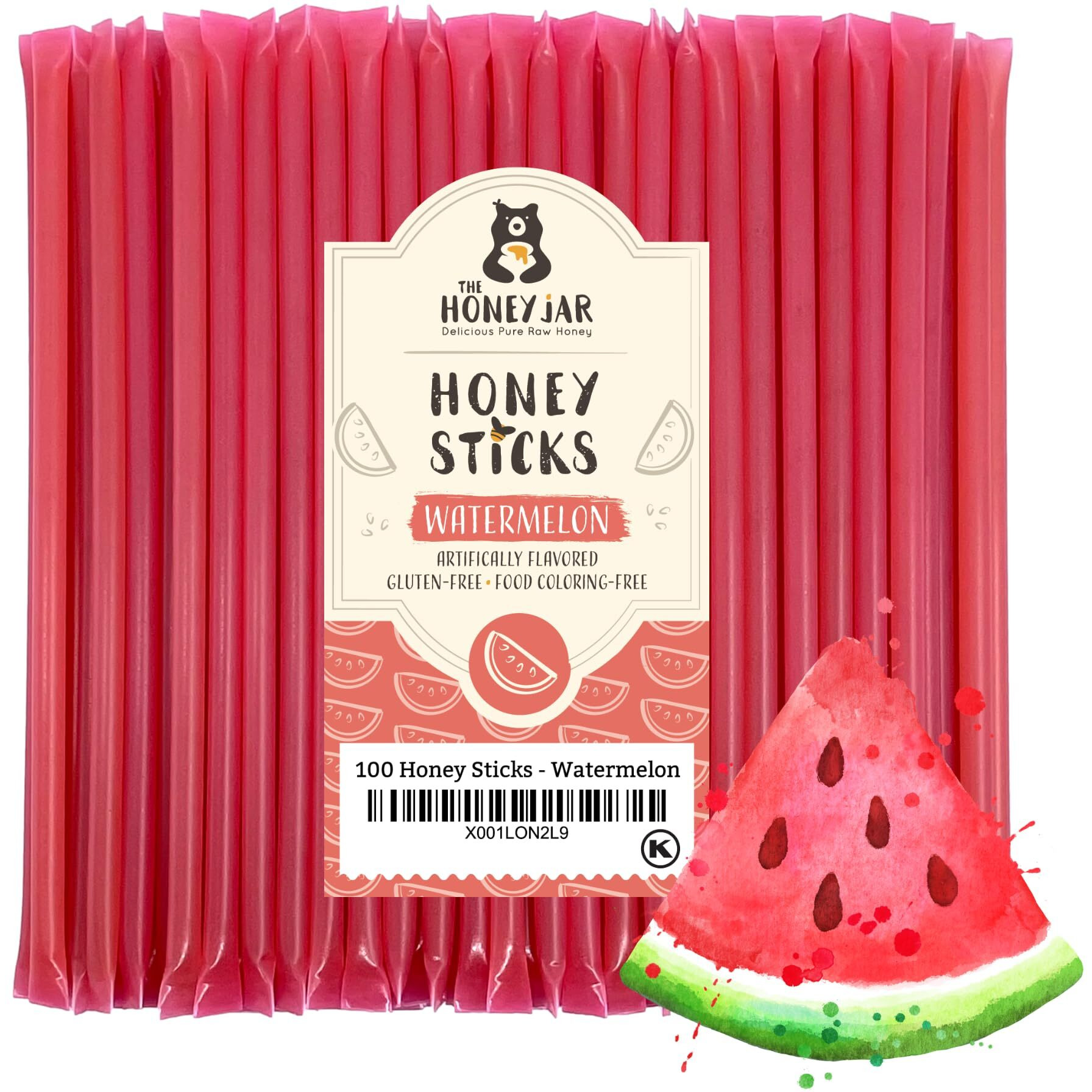 The Honey Jar Watermelon Flavored Honey Sticks - Pure Honey Straws For Tea, Coffee, Or A Healthy Treat - One Teaspoon Of Flavored Honey Per Stick - Made In The Usa With Real Honey - (100 Count)