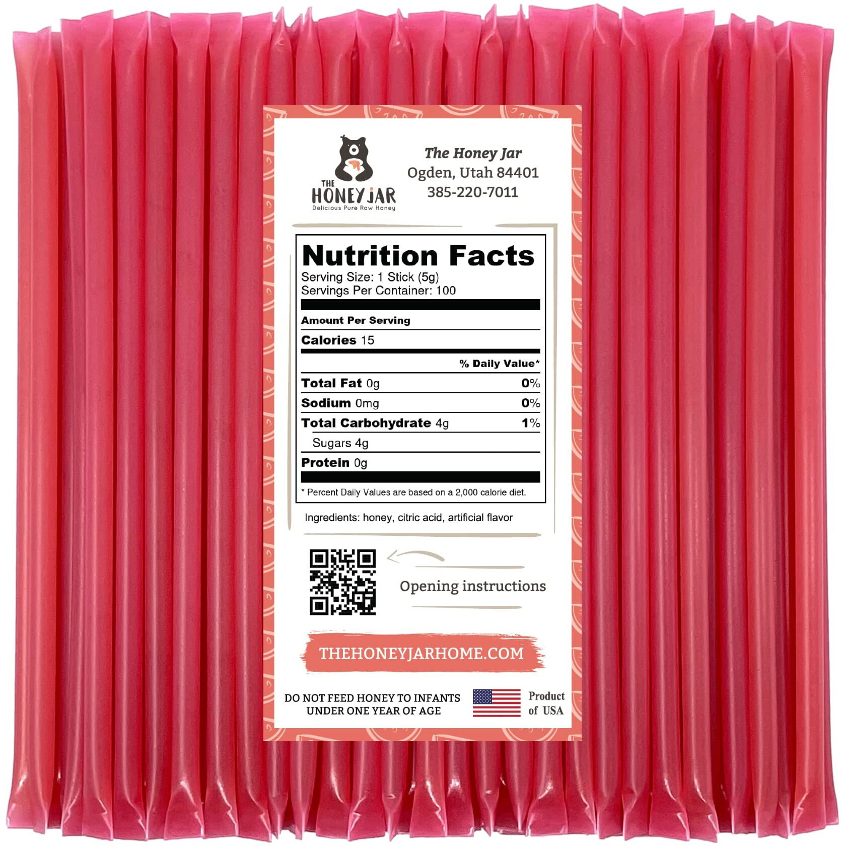 The Honey Jar Watermelon Flavored Honey Sticks - Pure Honey Straws For Tea, Coffee, Or A Healthy Treat - One Teaspoon Of Flavored Honey Per Stick - Made In The Usa With Real Honey - (100 Count)