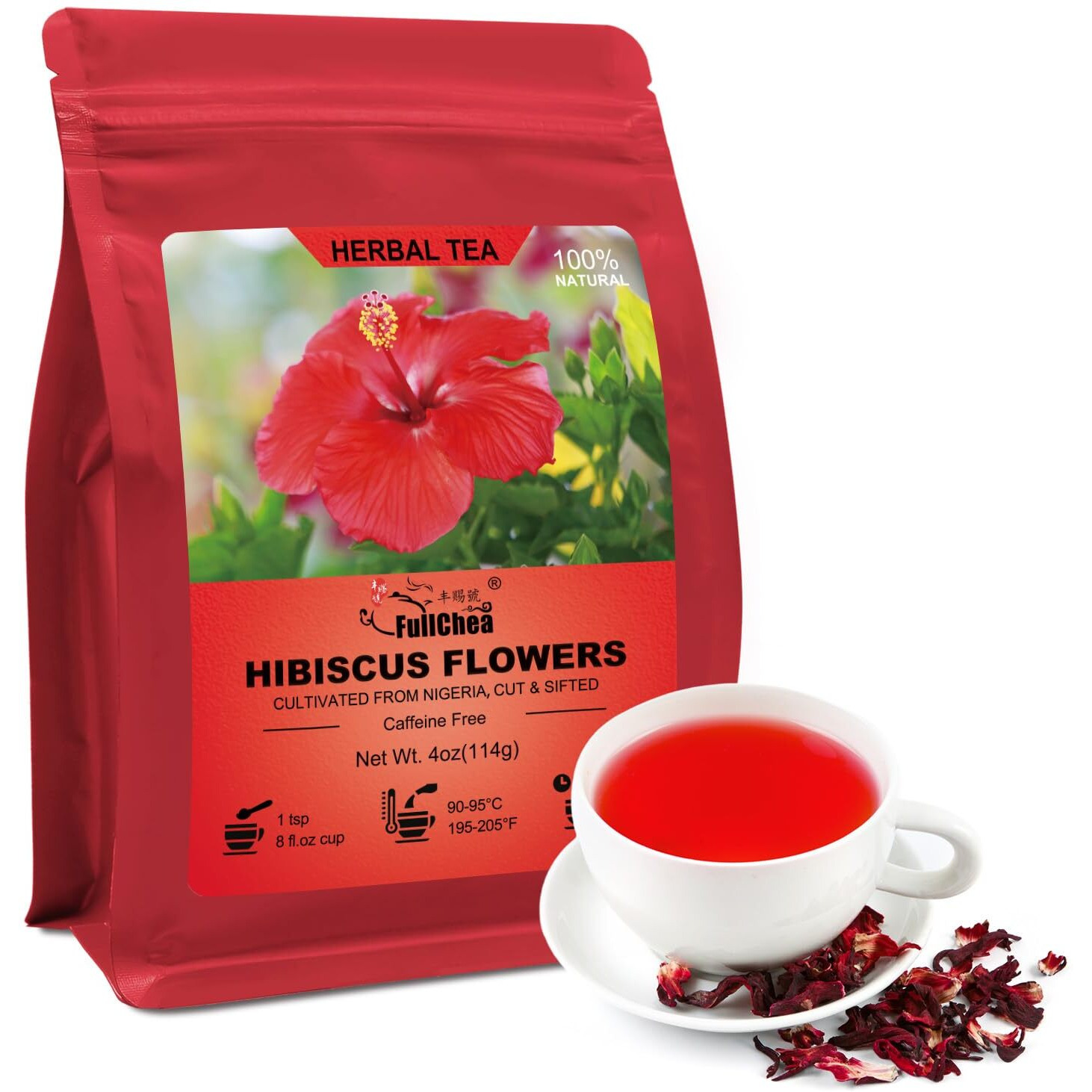 Fullchea- Hibiscus Flowers, 4Oz/114G, Cut & Sifted - Dried Hibiscus Tea Loose Leaf - Flor De Jamaica - Non-Gmo - Caffeine-Free - Support Digestion