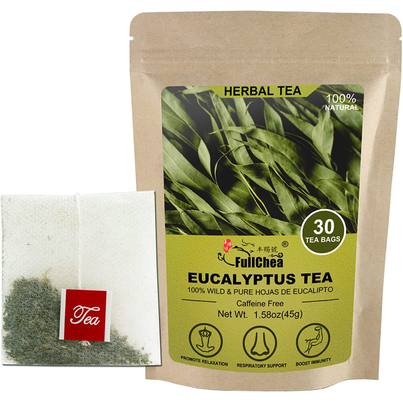 Fullchea - Natural Eucalyptus Tea Bag 30 Teabags, 1.5G/Bag - Premium Hojas De Eucalipto - Non-Gmo - Caffeine-Free - Boost Respiratory Health