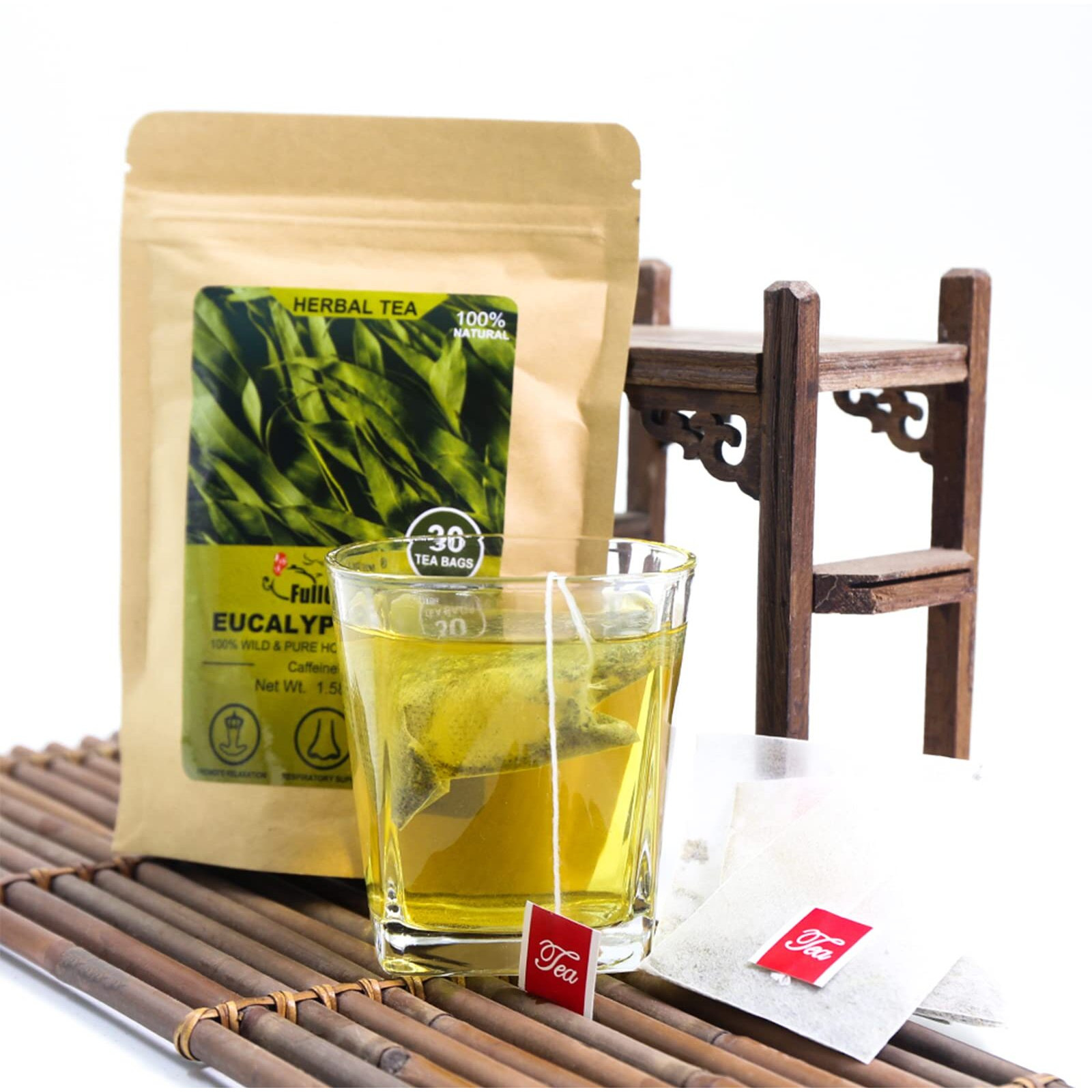 Fullchea - Natural Eucalyptus Tea Bag 30 Teabags, 1.5G/Bag - Premium Hojas De Eucalipto - Non-Gmo - Caffeine-Free - Boost Respiratory Health
