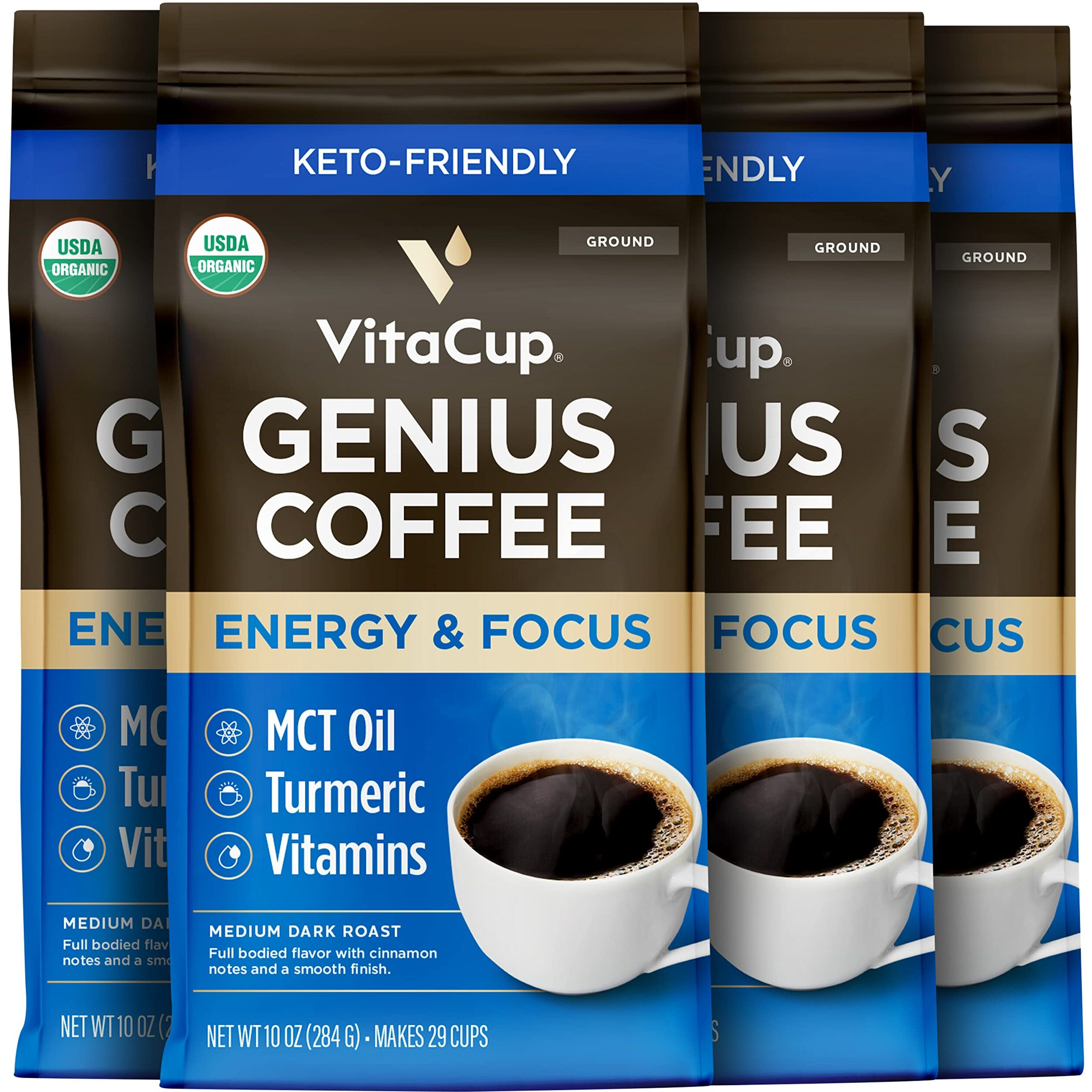 Vitacup Organic Genius Ground Keto Coffee, Increase Energy & Focus W/Mct Oil, Turmeric, B Vitamins, D3, Usda Organic Ground Coffee Medium Dark Roast, 100% Arabica Coffee Grounds, 4 Bags, 10 Oz Each