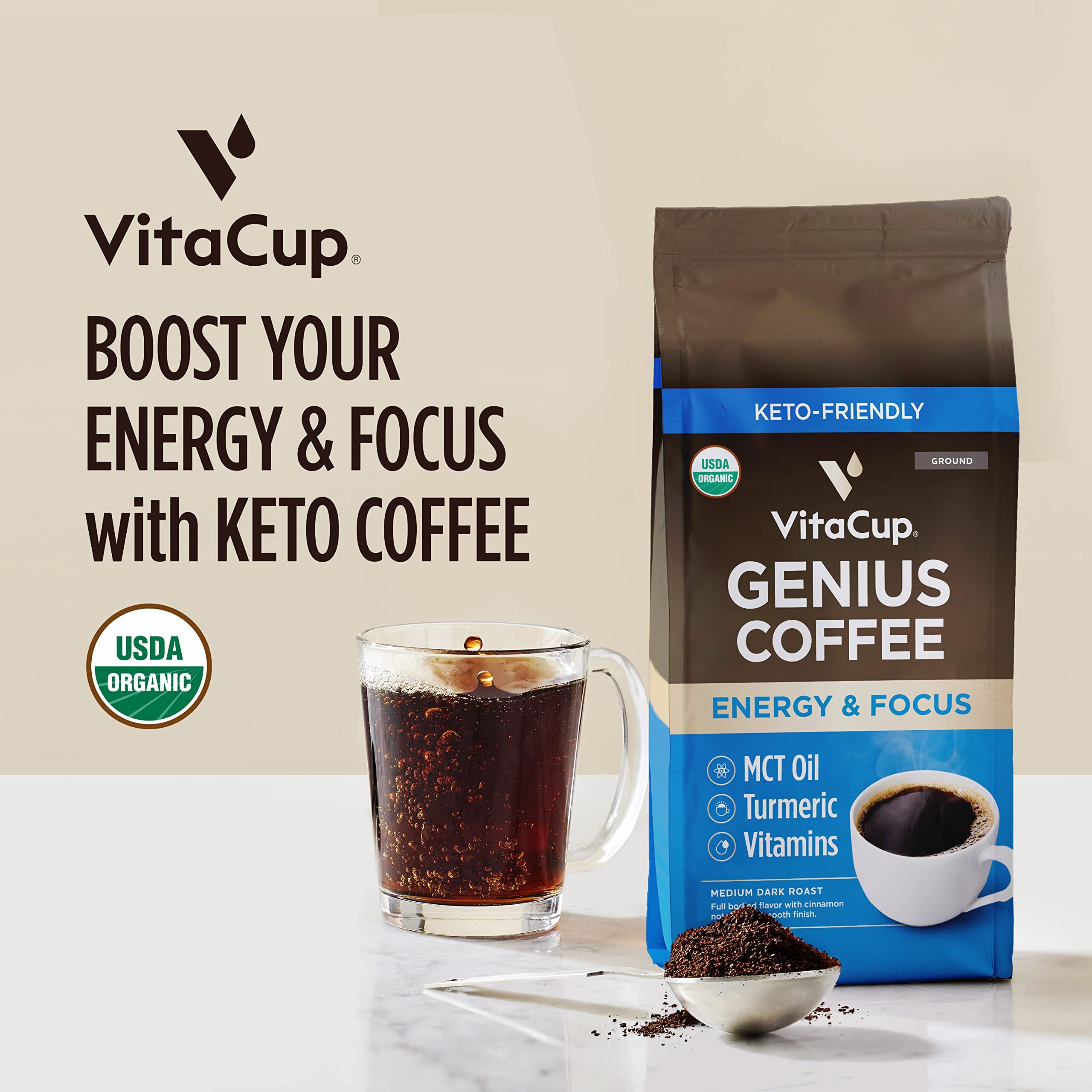 Vitacup Organic Genius Ground Keto Coffee, Increase Energy & Focus W/Mct Oil, Turmeric, B Vitamins, D3, Usda Organic Ground Coffee Medium Dark Roast, 100% Arabica Coffee Grounds, 4 Bags, 10 Oz Each